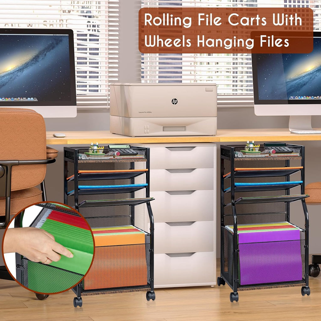 5-Tier Rolling File Cart with Lockable Wheels, Mobile File Cabinet for Hanging File Folders Sliding Trays, Under Desk Storage, Paper Organizer Utility Cart Filing Cabinet for Office, Home, School