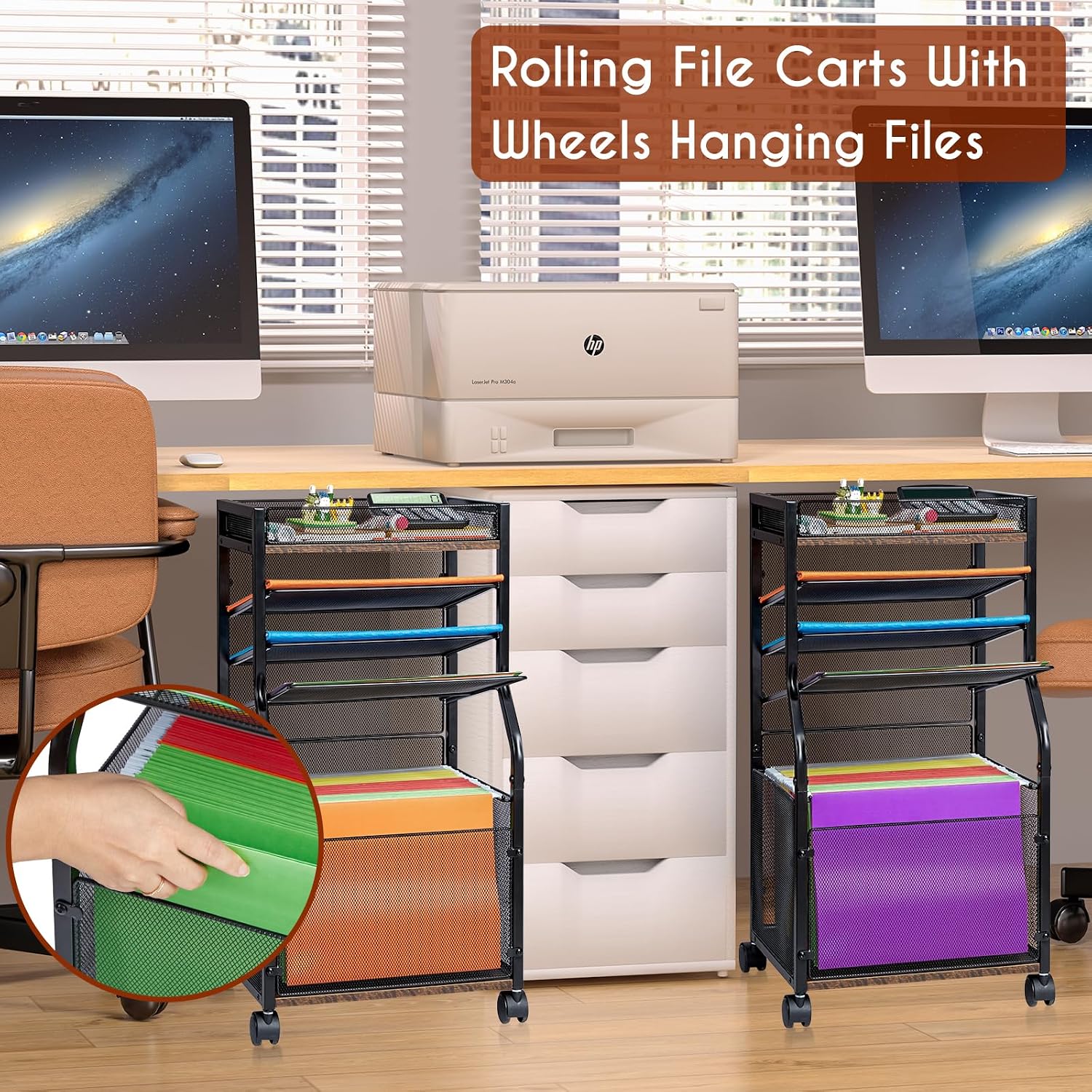 5-Tier Rolling File Cart with Lockable Wheels, Mobile File Cabinet for Hanging File Folders Sliding Trays, Under Desk Storage, Paper Organizer Utility Cart Filing Cabinet for Office, Home, School