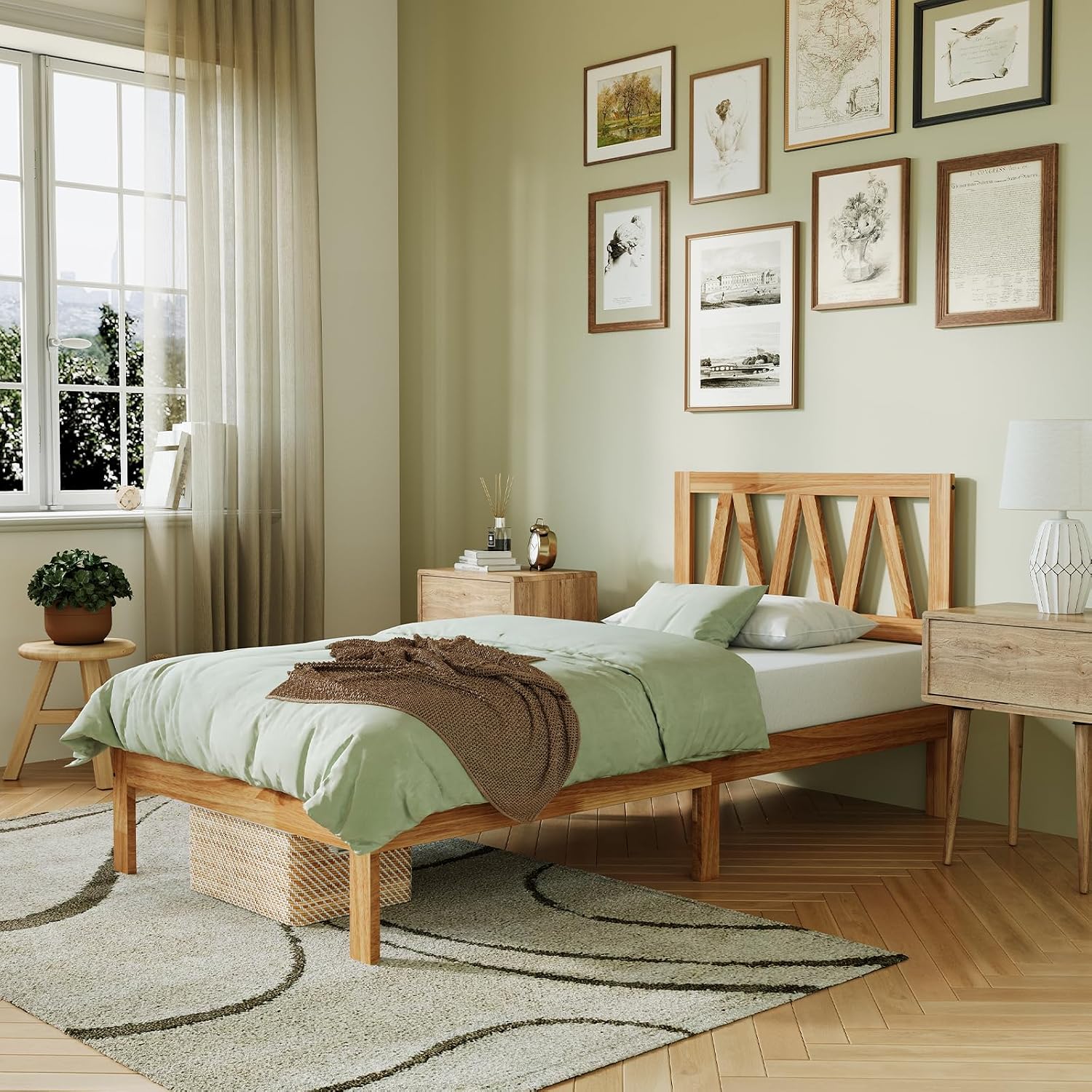 Novilla 12 Inch Twin Bed Frame Twin Size Bed Frames with Headboard Solid Wooden BedFrame Foundation No Box Spring Needed, Easy Assembly, Natural