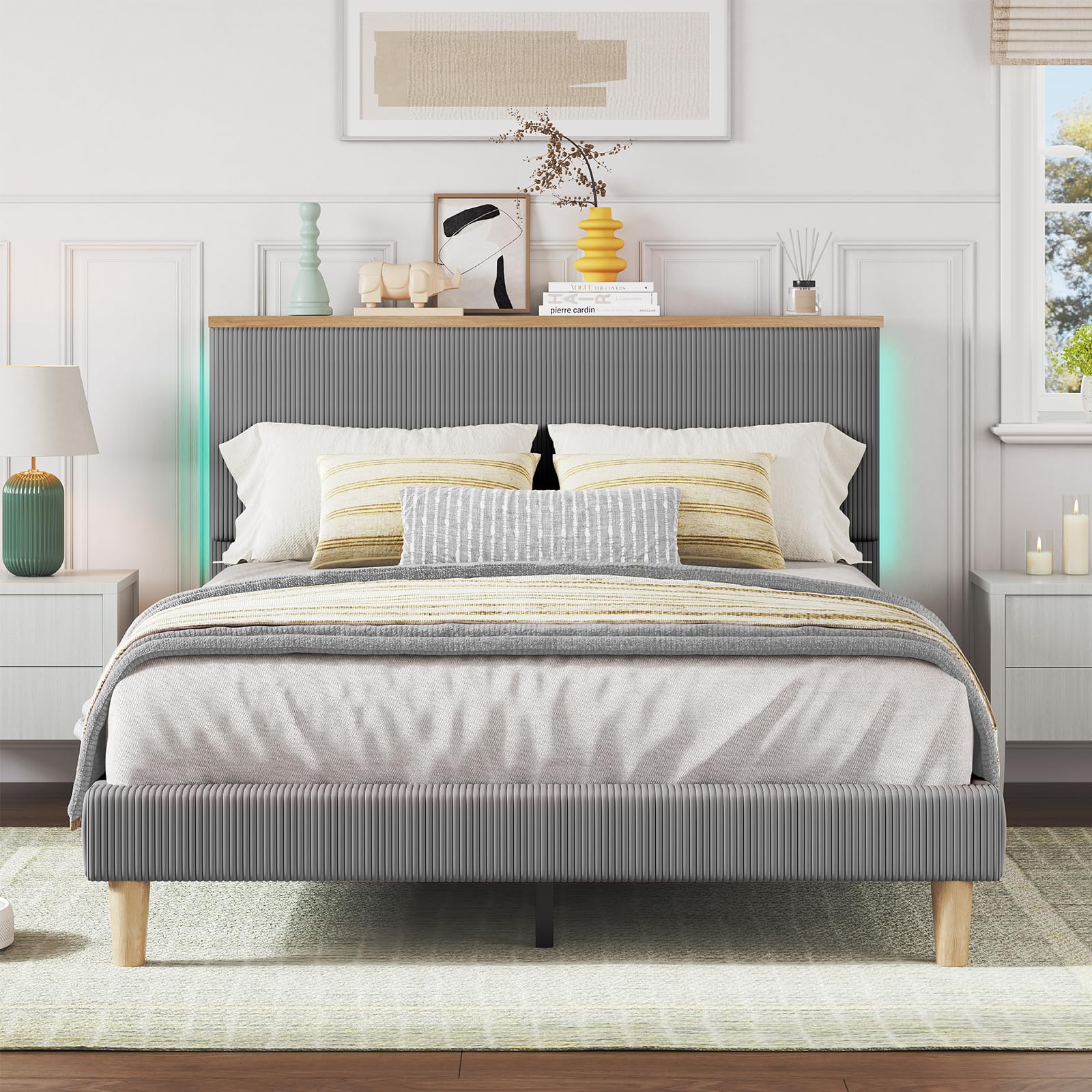 Bestier Queen Bed Frame with Adjustable Headboard & LED Lighting, Corduroy Upholstered Platform Bed Frame with Storage Shelf, Solid Wood Slats, No Box Spring Needed,Never Squeak, Easy Assembly, Beige