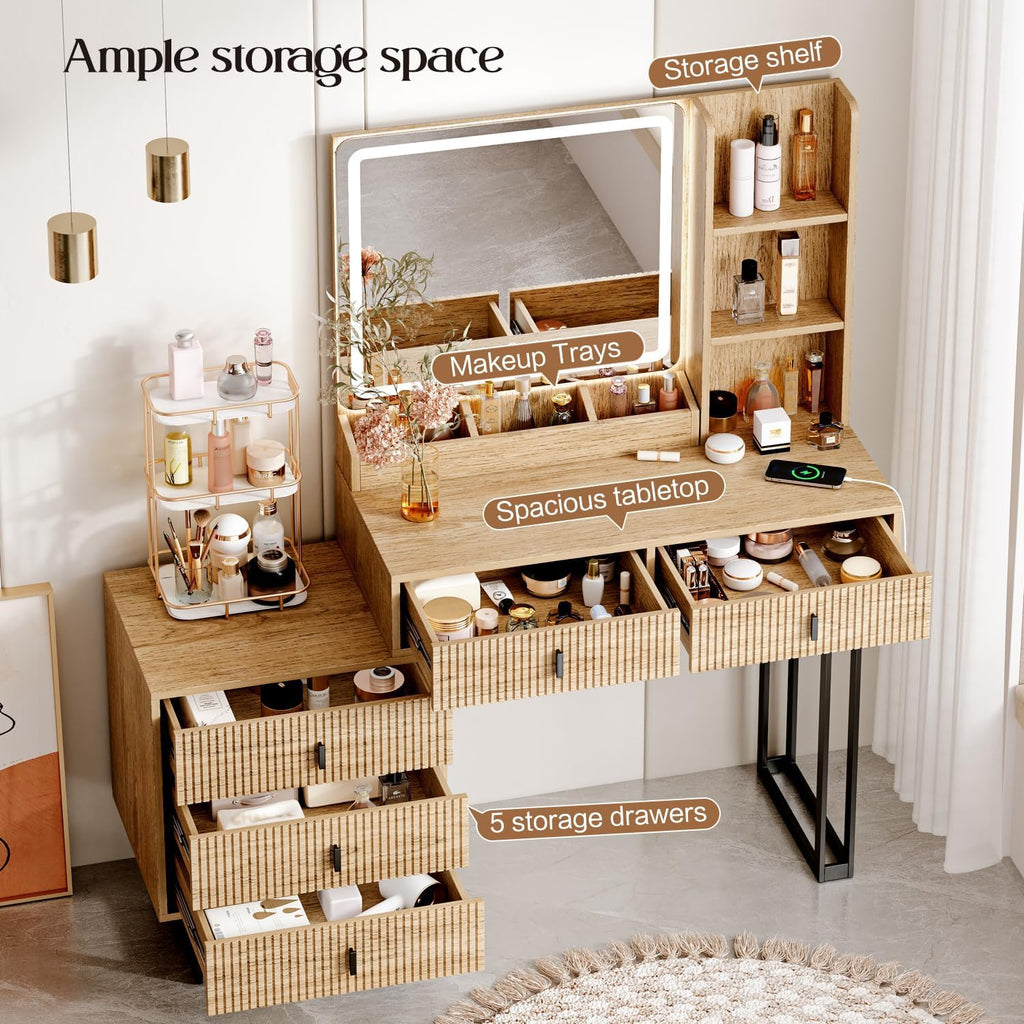 Large Vanity Desk with 3 Color Touch Screen Dimming Mirror, Vanity Desk with Charging Station, Modern Retractable Makeup Dressing Table, Makeup Table With storage shelves and 5 Sliding Drawers, Oak