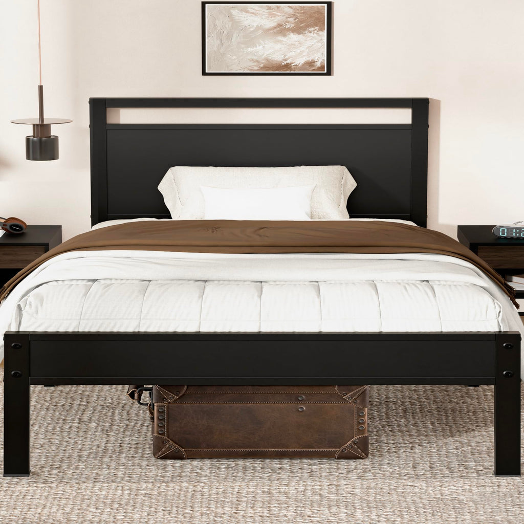 Z-hom Twin Metal Bed Frame with Wooden Headboard and Footboard, Heavy Duty Platform Frame with Mrtal Slats, No Box Spring Needed, Quiet and Non-Slip Design, Saving Space for Small Bedroom,Walnut
