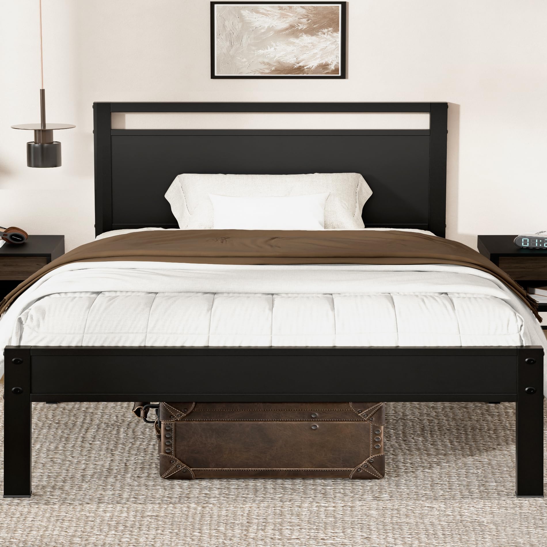 Z-hom Twin Metal Bed Frame with Wooden Headboard and Footboard, Heavy Duty Platform Frame with Mrtal Slats, No Box Spring Needed, Quiet and Non-Slip Design, Saving Space for Small Bedroom,Walnut