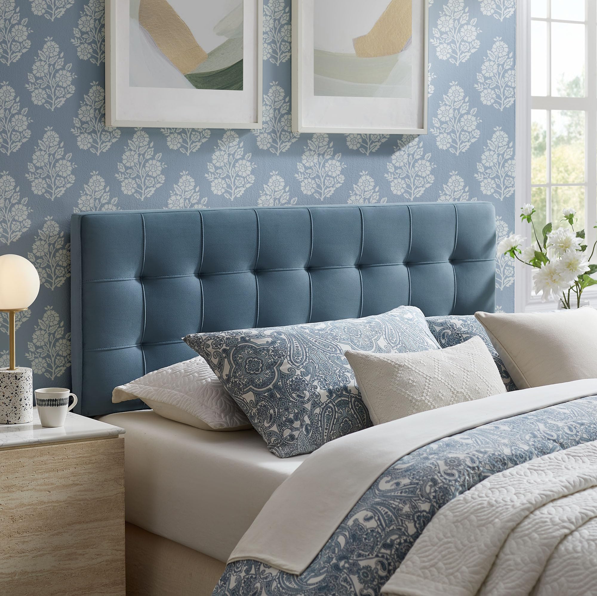 Modway Lily Performance Velvet Queen Size Headboard with Biscuit Tufting in Taupe - Stain-Resistant Upholstery with Padded Design and 5 Height-Adjustable Mounts