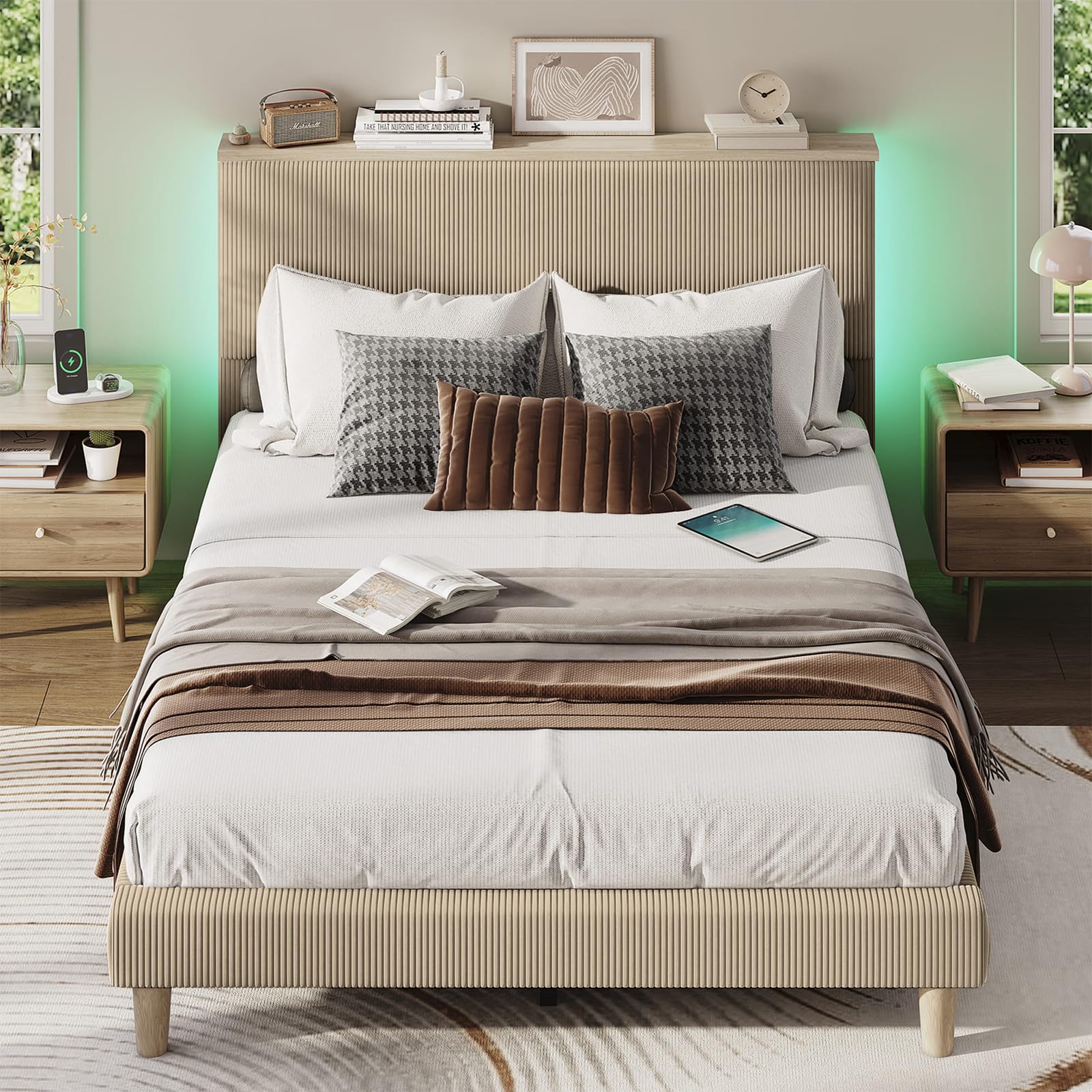 Bestier Queen Bed Frame with Adjustable Headboard & LED Lighting, Corduroy Upholstered Platform Bed Frame with Storage Shelf, Solid Wood Slats, No Box Spring Needed,Never Squeak, Easy Assembly, Beige