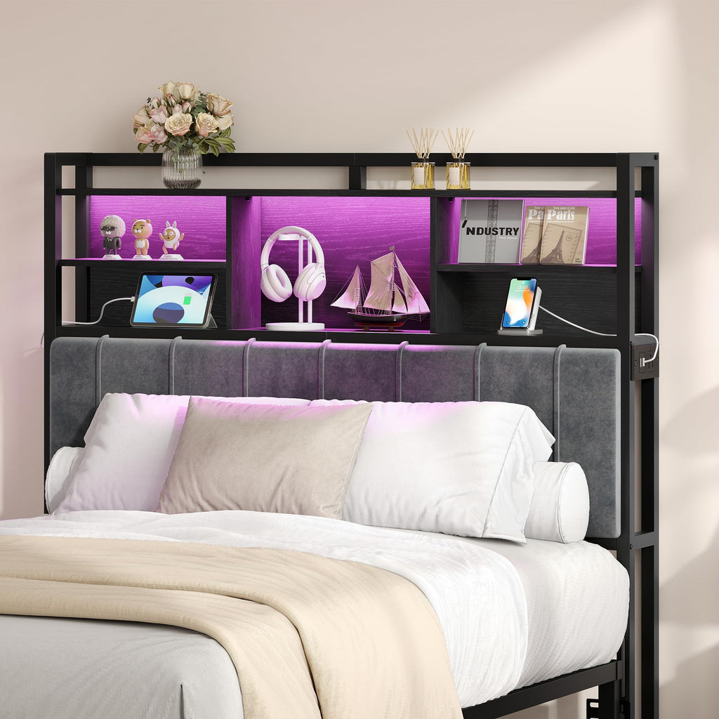 Hzuaneri Headboard with 3-Tier Storage Shelves, Velvet Upholstered Head Board with 2 Outlets, USB Ports & LED Light, Soft Backrest for Queen Size Bed, Black BH15204B