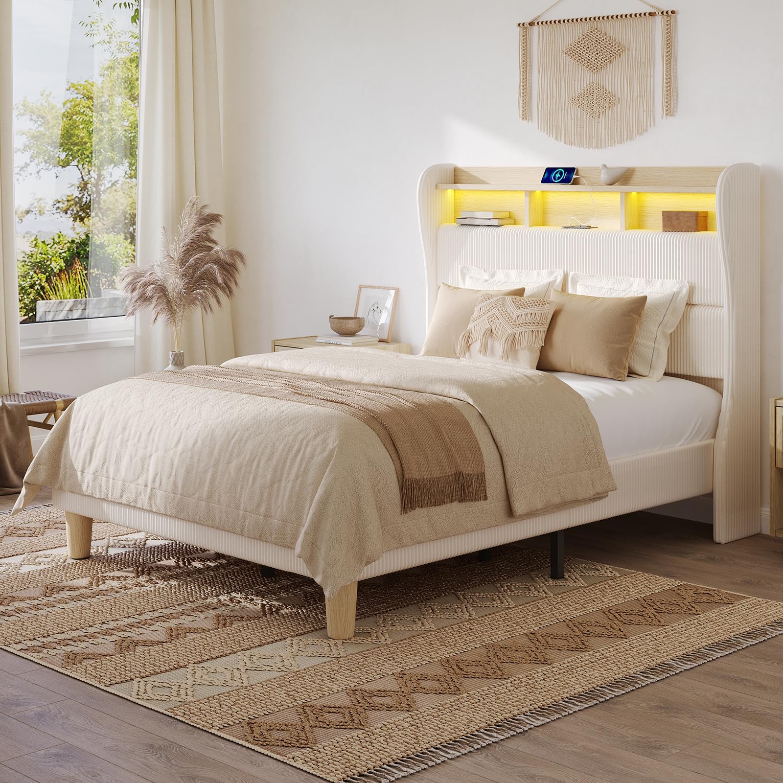 Bestier Queen Bed Frame with Adjustable Headboard & LED Lighting, Corduroy Upholstered Platform Bed Frame with Storage Shelf, Solid Wood Slats, No Box Spring Needed,Never Squeak, Easy Assembly, Beige