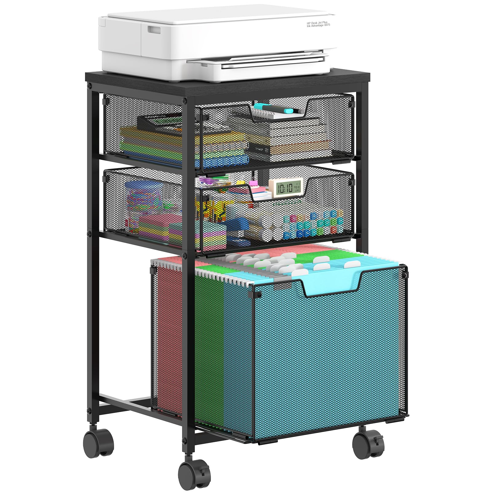 Sbanmao Rolling File Cart with 2 Storage Drawers, Mobile File Cabinet with Wheels, Hanging File Folder Organizer, Under Desk Storage, Printer Stand Utility Cart Filing Cabinet for Home Office,Black