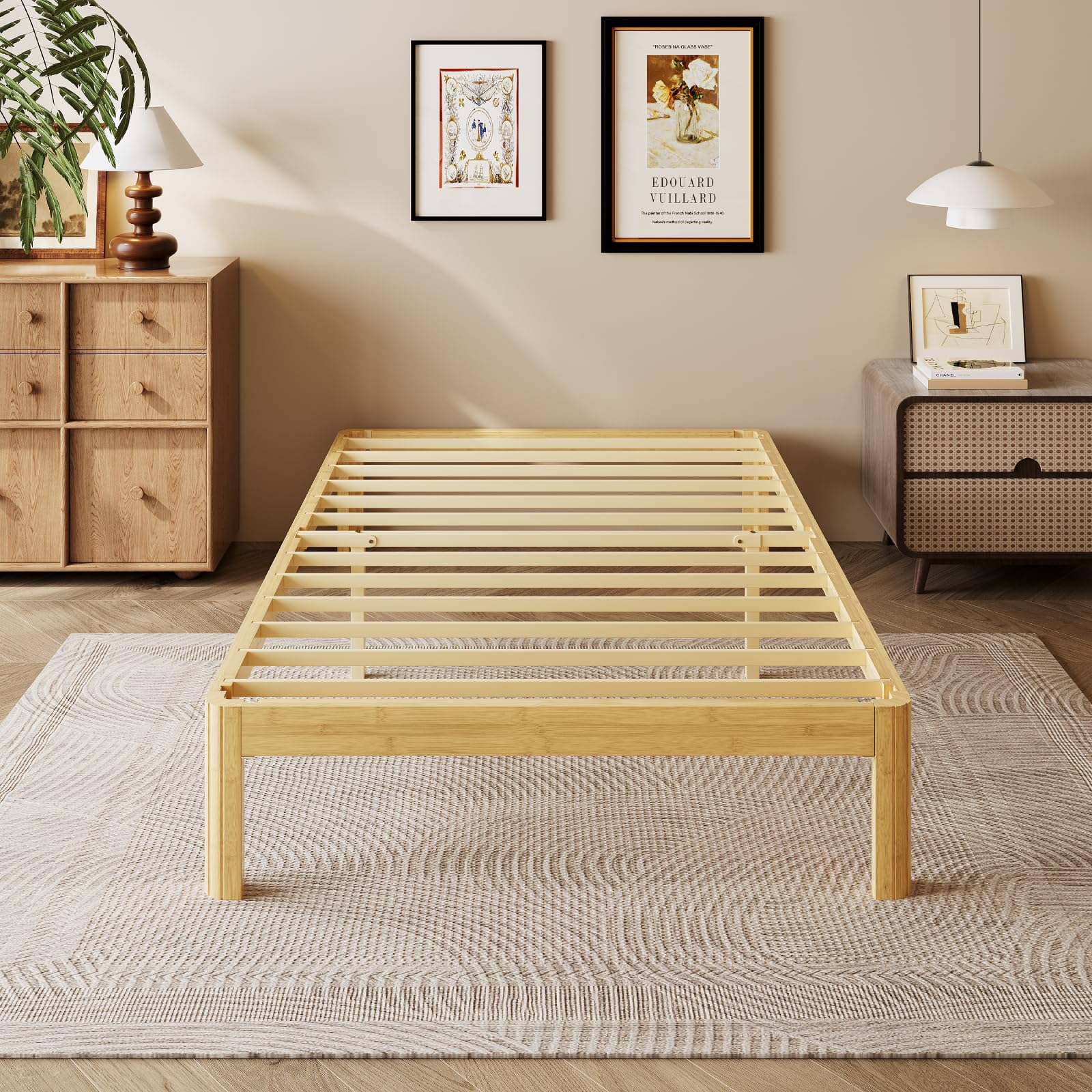 18 Inch King Wood Platform Bed，Mid-Century Wood Bed Frames, No Box Spring Needed, Natural Finish, Easy Assembly