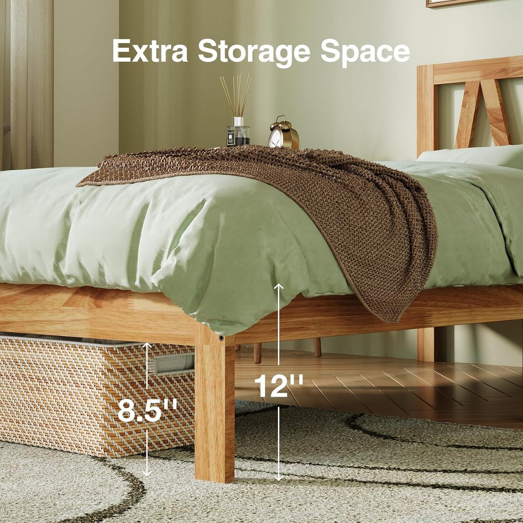 Novilla 12 Inch Twin Bed Frame Twin Size Bed Frames with Headboard Solid Wooden BedFrame Foundation No Box Spring Needed, Easy Assembly, Natural