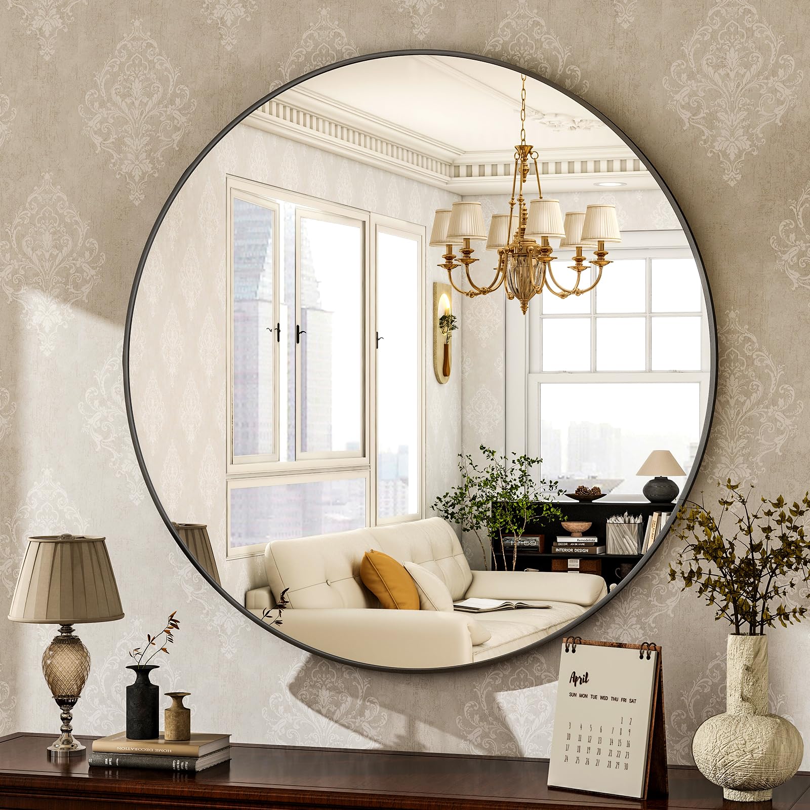 HARRITPURE Round Mirror 30 Black Wall Mounted Circle Mirrors Vanity Mirror with Brushed Aluminum Alloy Frame Modern Decoration for Bathroom, Living Room, Vanity, Bedroom, Entryway
