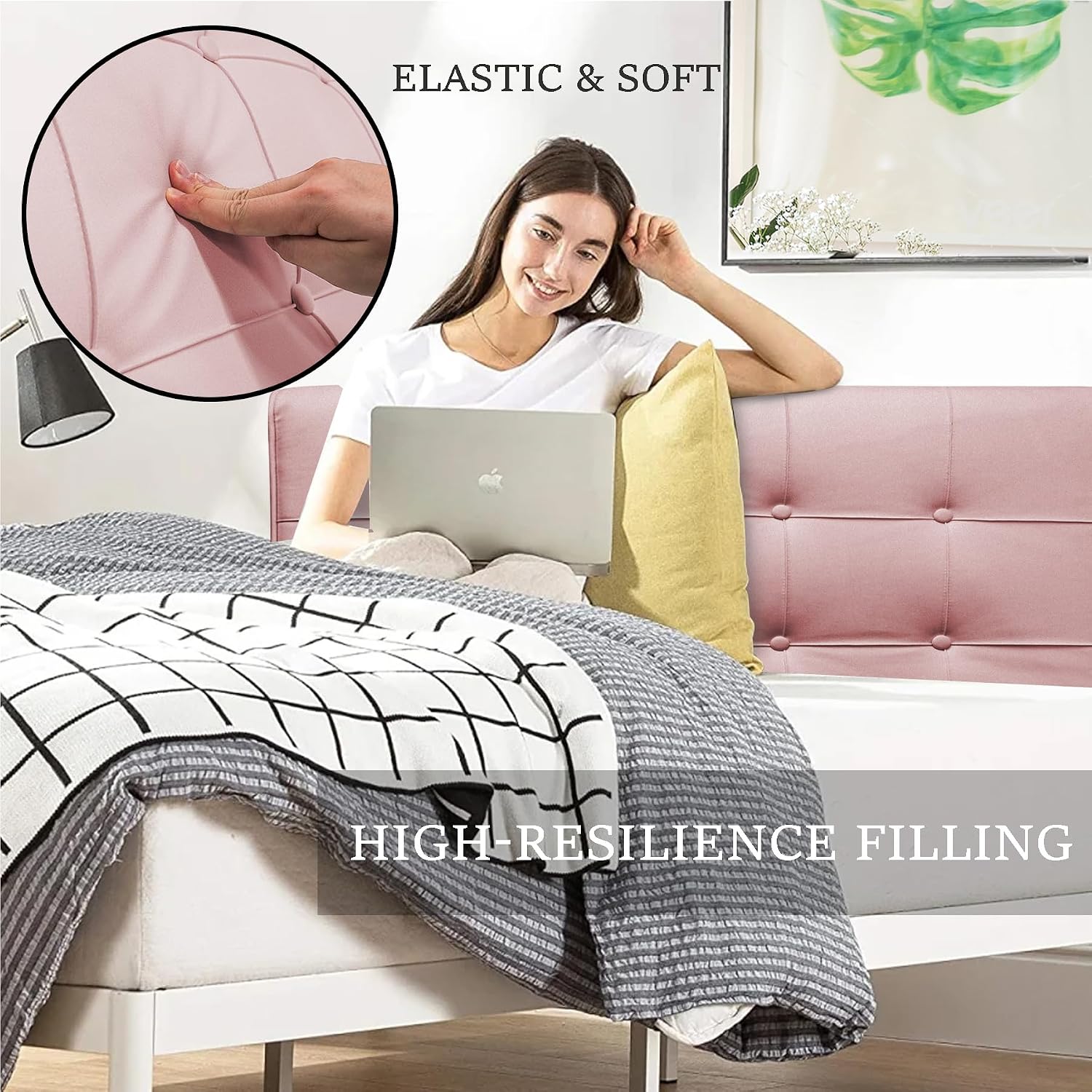 BCU Headboard Pillow Full Size Upholstered Soft Tufted Headboard Backrest Pillow with Removable Cover for Adjustable Bed Back Support, Pink