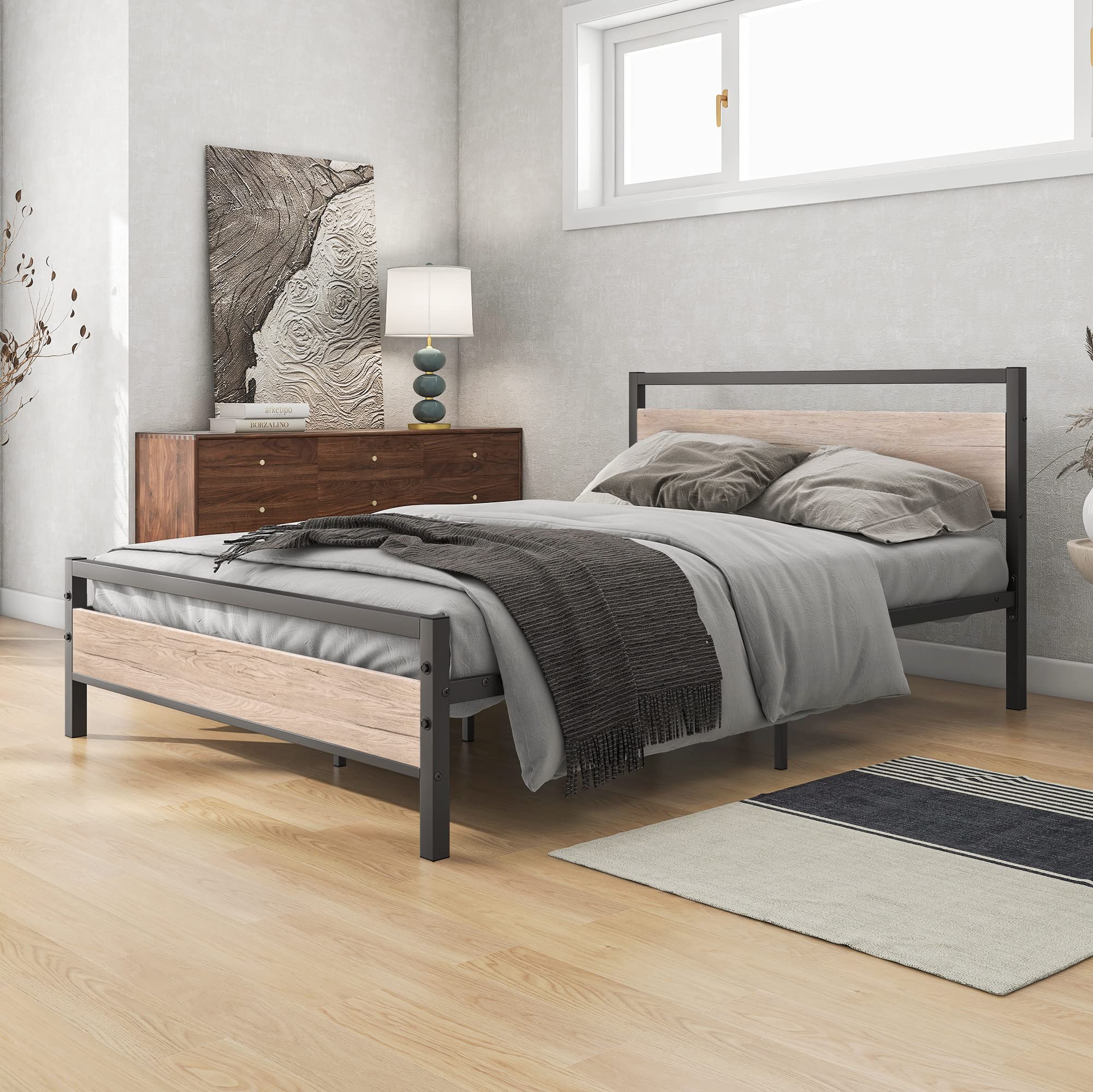 BOFENG Black Twin Bed Frame with Wood Headboard,Metal Single Platform Bed Frame Twin Size No Box Spring Needed,Heavy Duty Metal Slats Support,Noise Free,Single Bed Base,Easy Assembly