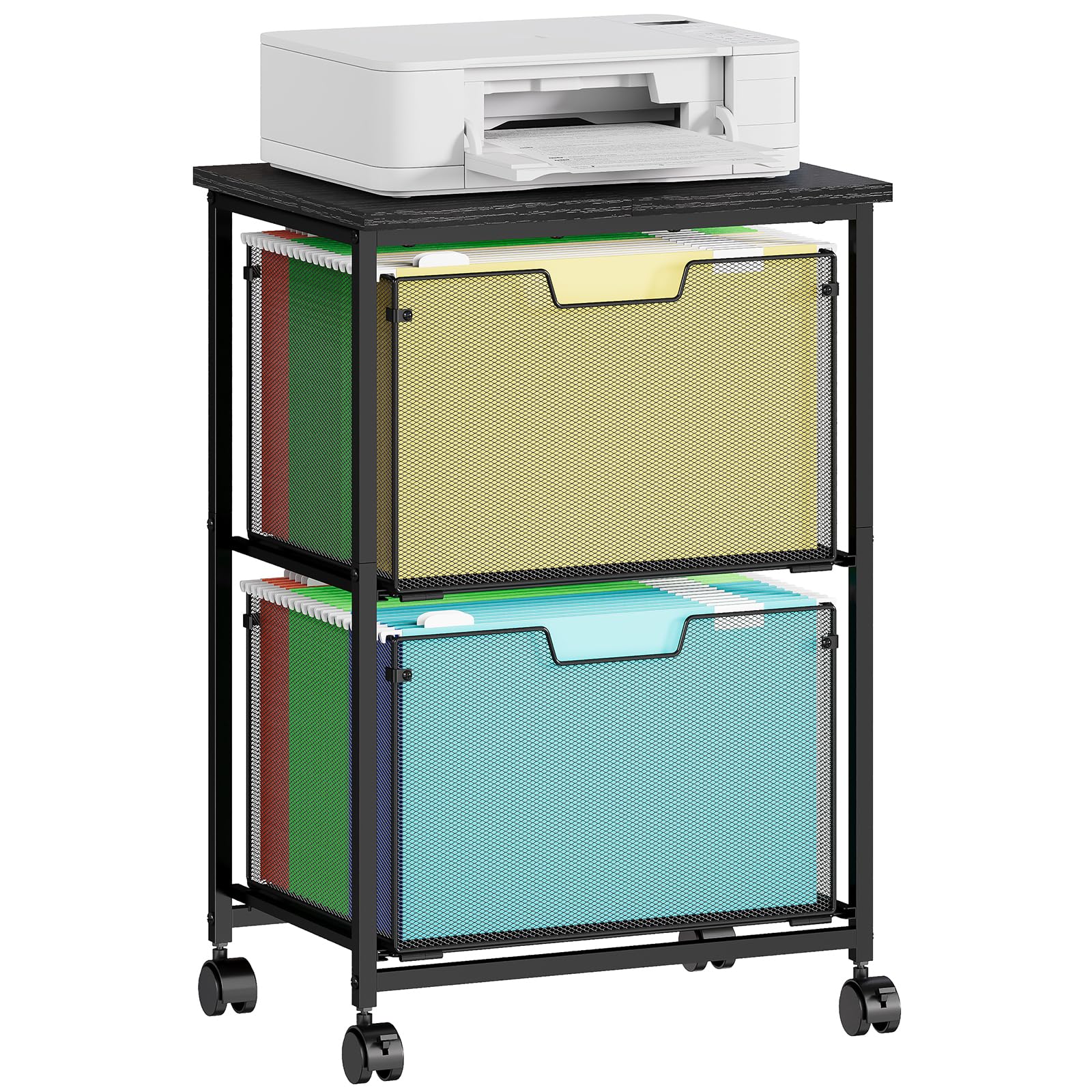 Sbanmao Letter/Legal Rolling File Cart with 2 Storage Drawers, Under Desk Storage, Vertical Filing Cabinet for Home Office, Hanging File Folders Organizer, Mobile Utility Cart Printer Stand, Black