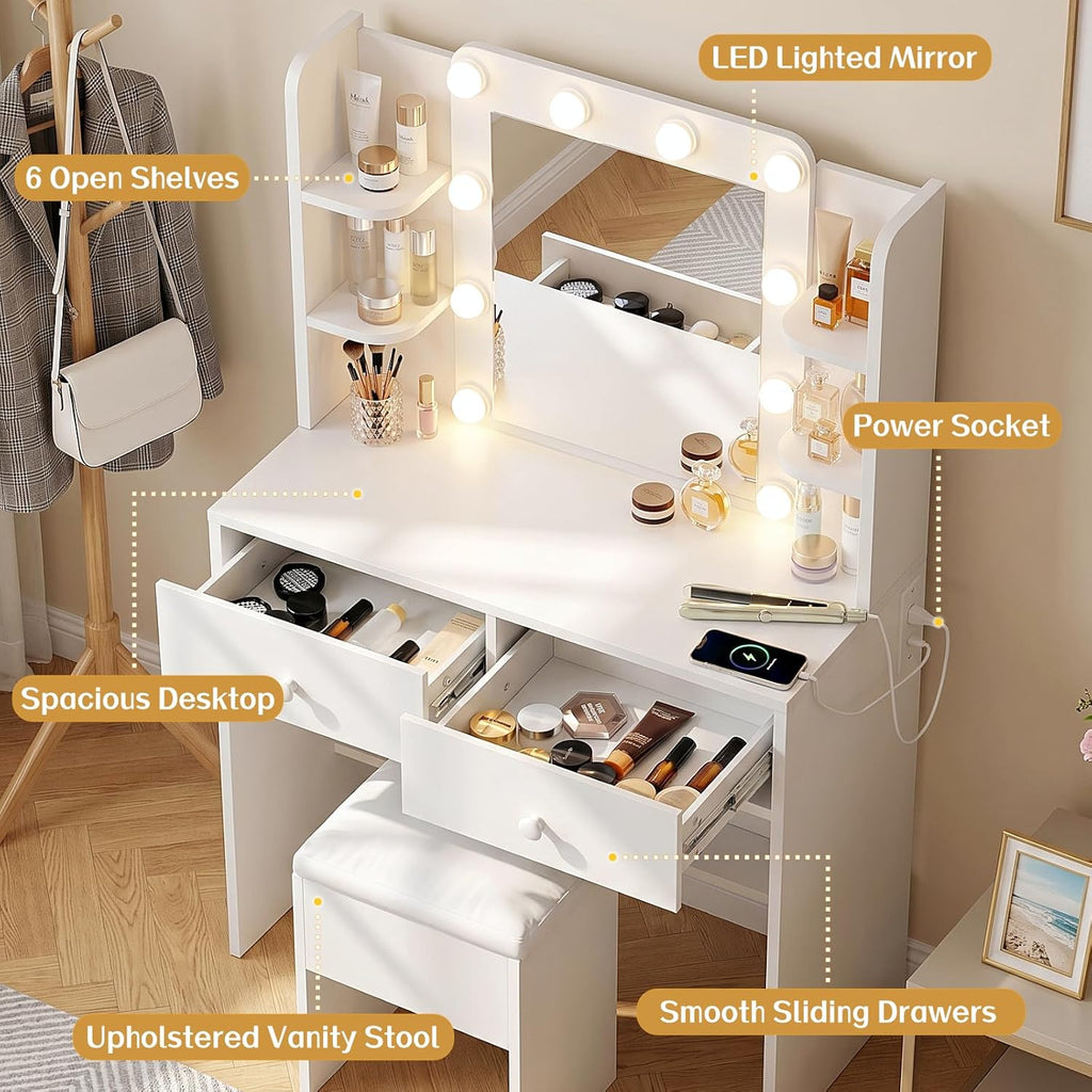 FUXA Makeup Vanity Desk with LED Mirror and Charging Station, Vanity Table Set with Storage Drawers, Shelves and Chair, Dressing Table with 3 Lighting Modes for Bedroom, White