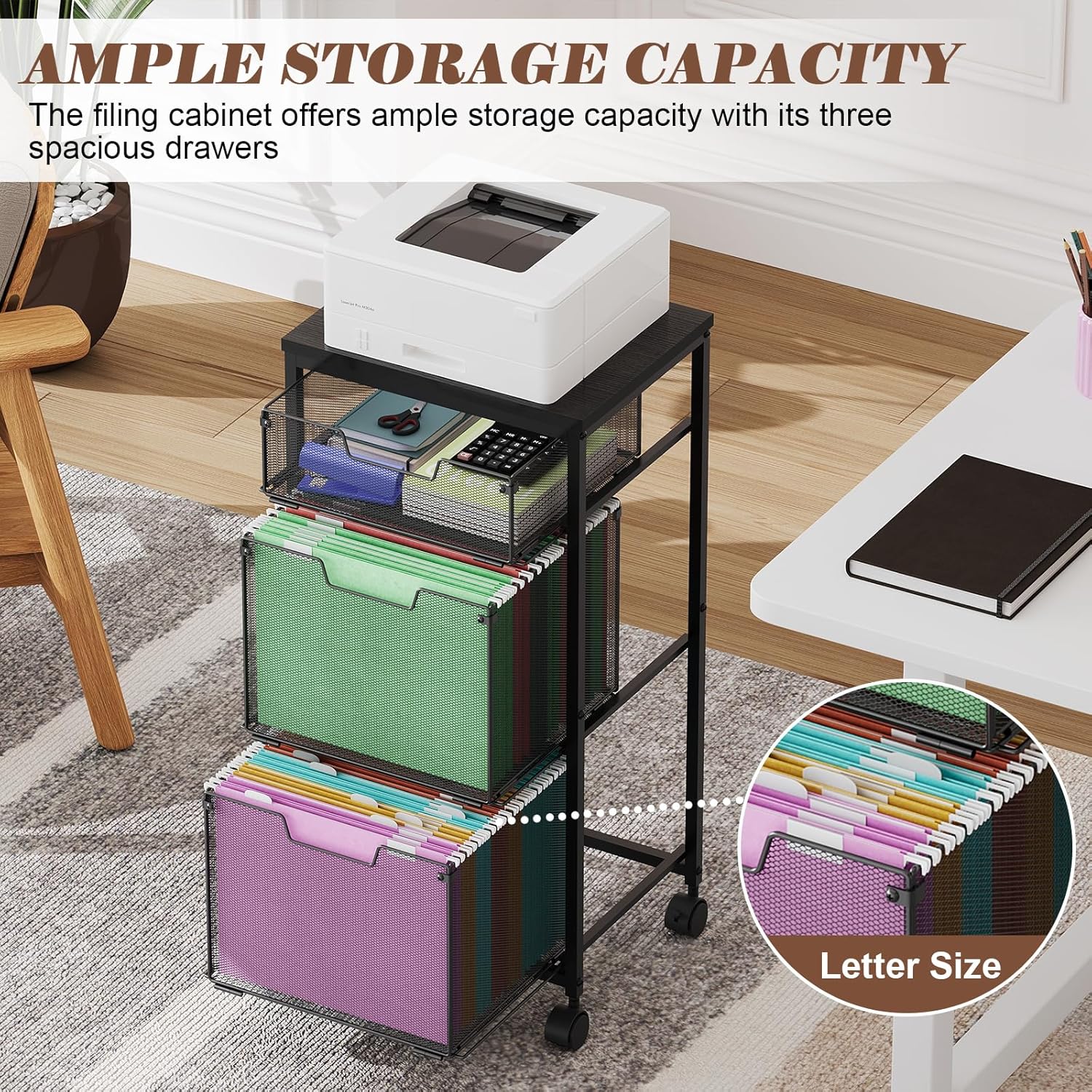Sbanmao 3 Drawer Mobile File Cabinet for Home Office, Rolling Filing Cabinet on Lockable Wheels, Hanging File Folders Organizer, Utility Cart Storage and Organizer, Printer Stand, Black