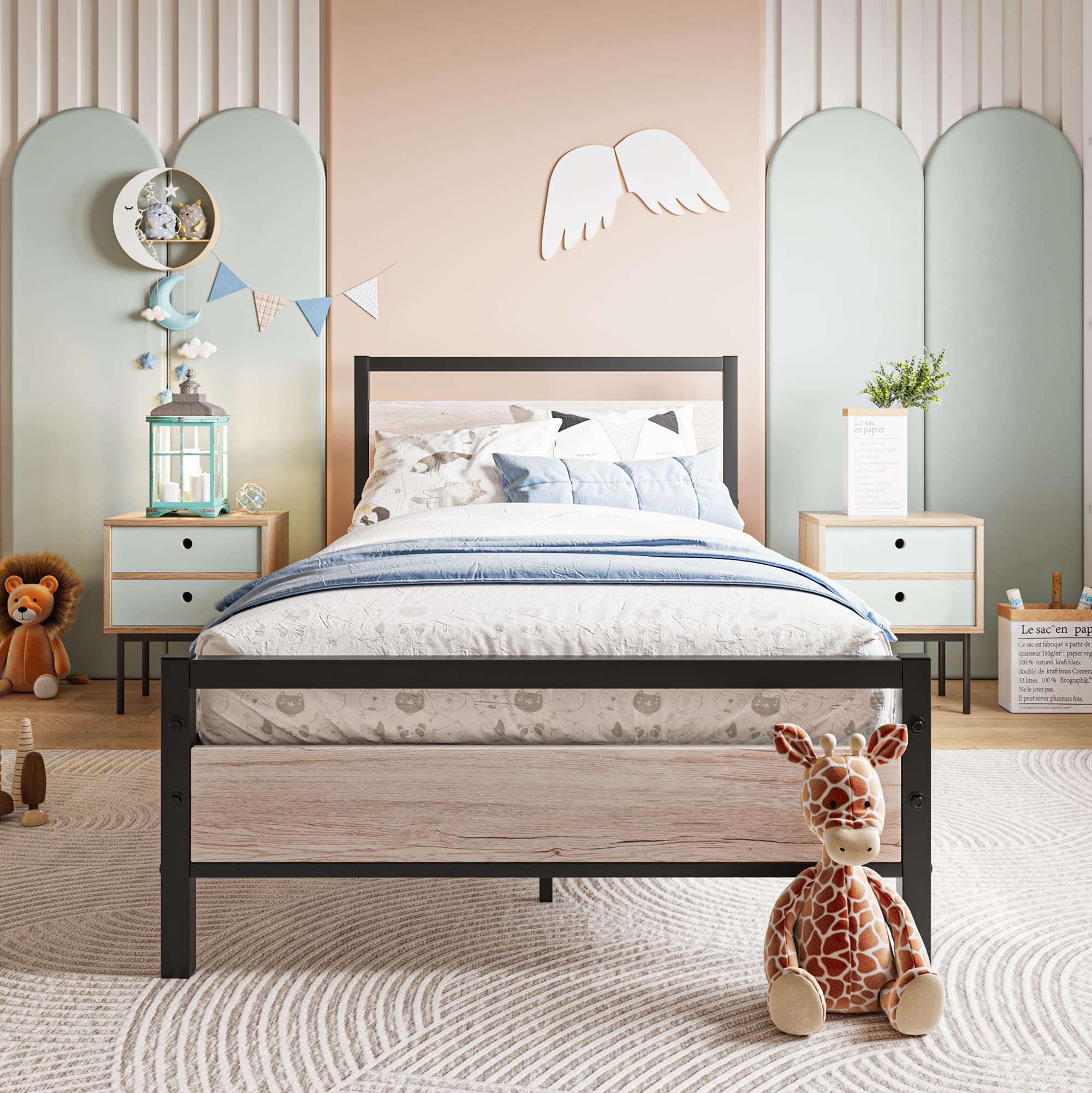 BOFENG Black Twin Bed Frame with Wood Headboard,Metal Single Platform Bed Frame Twin Size No Box Spring Needed,Heavy Duty Metal Slats Support,Noise Free,Single Bed Base,Easy Assembly