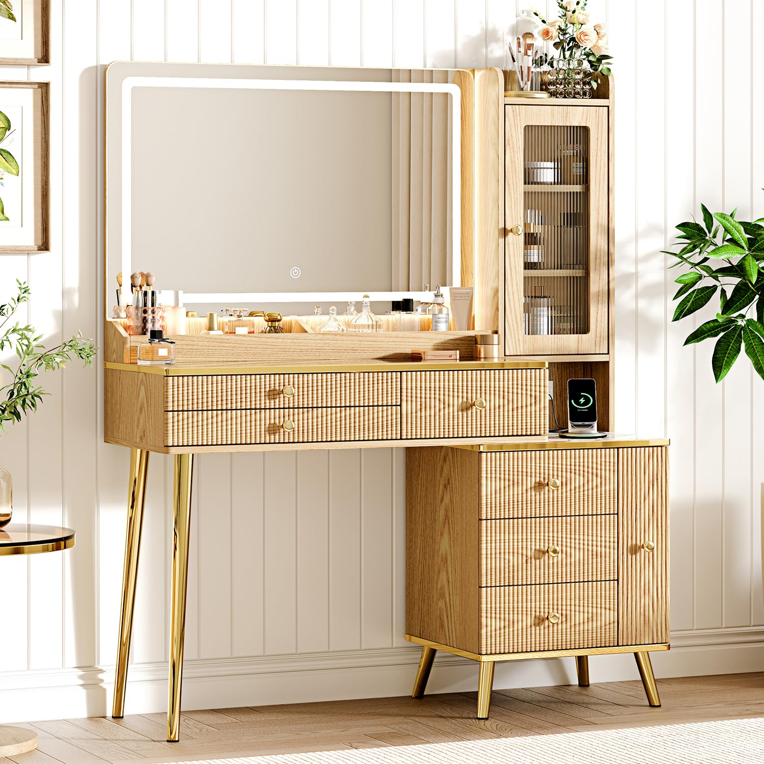 Arulvmrn Vanity Desk with 35.12" HD Lighted Mirror, 46.85" Big Modern Vanity Desk with Mirror and Lights, Makeup Vanity with 7 Drawers and Storage Shelves and Charging Station, Oak