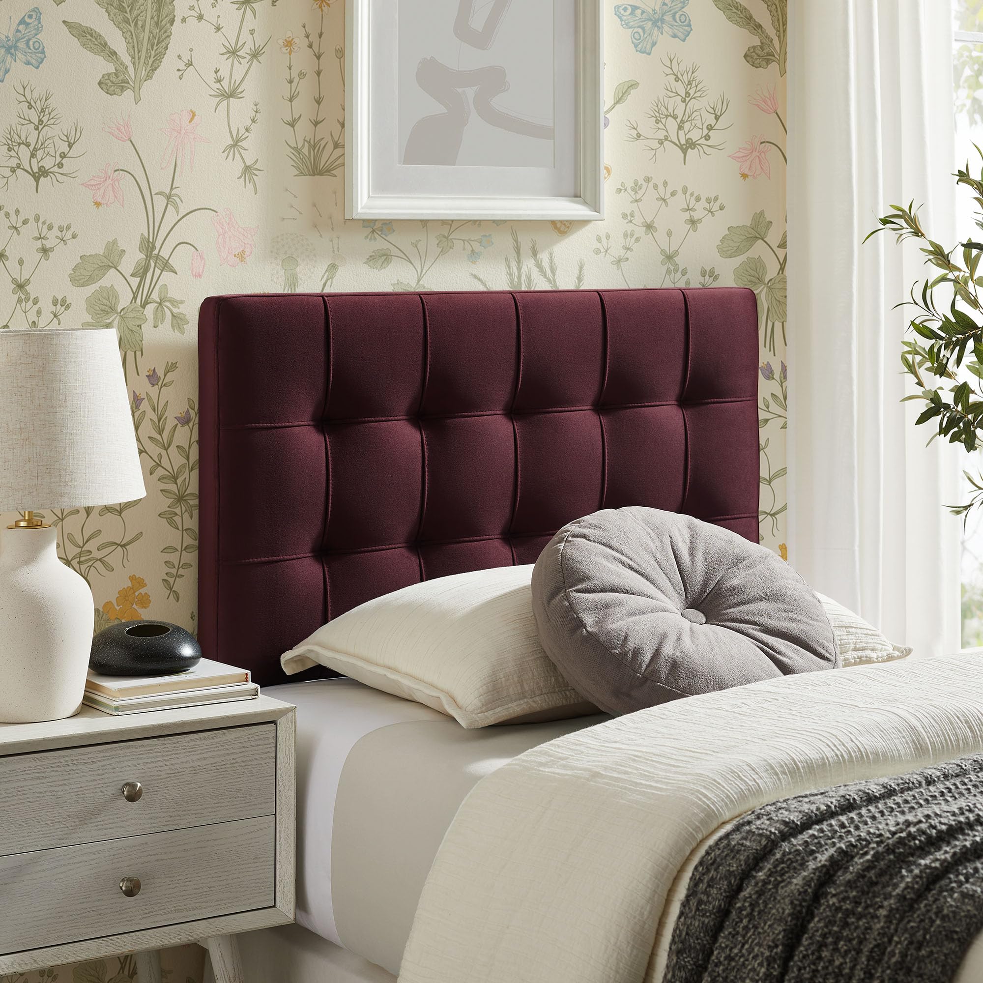 Modway Lily Performance Velvet Queen Size Headboard with Biscuit Tufting in Taupe - Stain-Resistant Upholstery with Padded Design and 5 Height-Adjustable Mounts