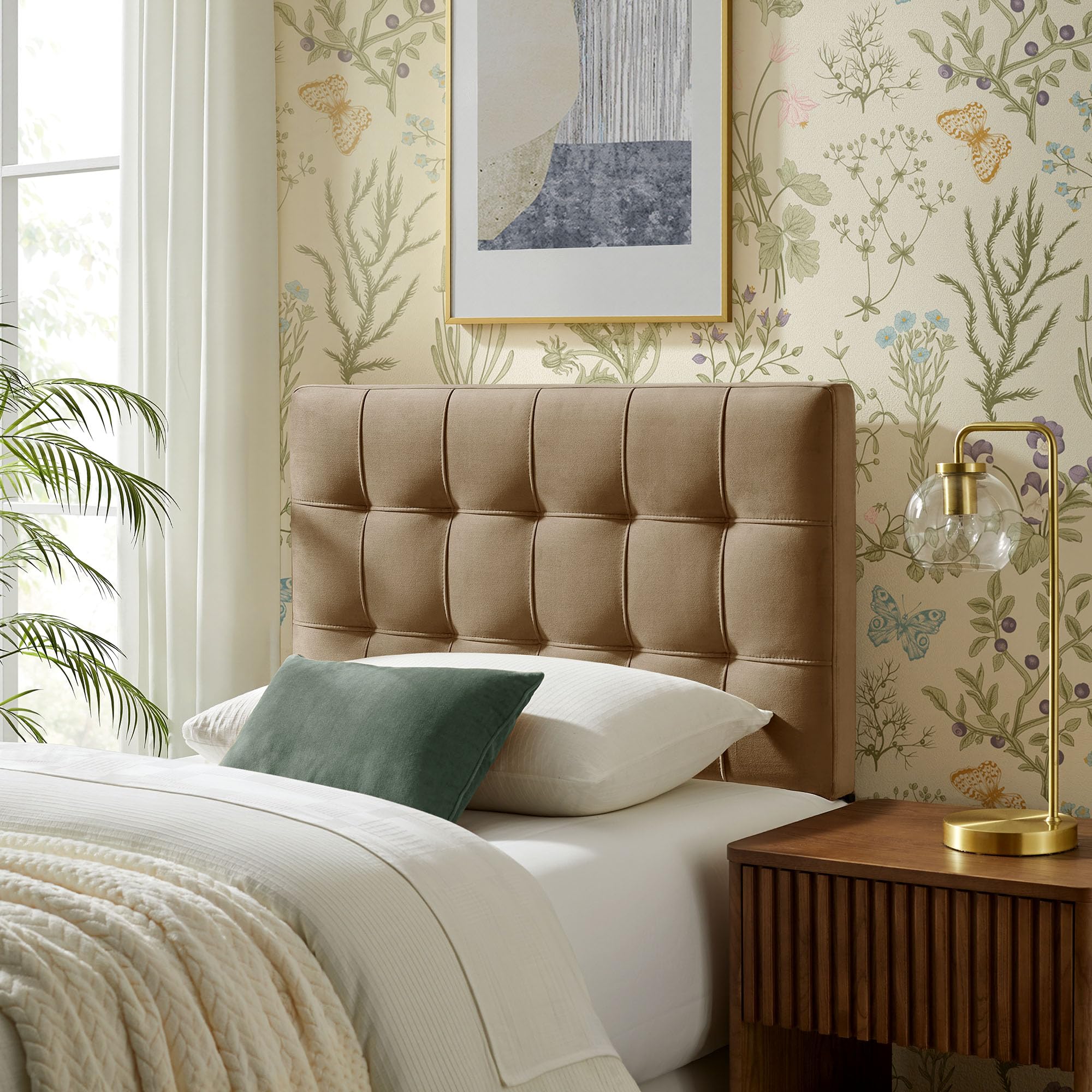 Modway Lily Performance Velvet Queen Size Headboard with Biscuit Tufting in Taupe - Stain-Resistant Upholstery with Padded Design and 5 Height-Adjustable Mounts