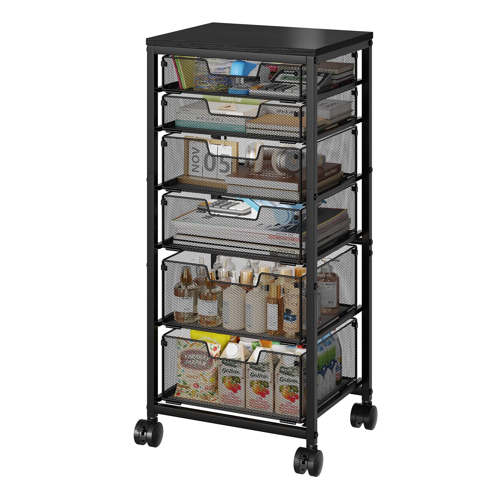 Sbanmao Utility Cart with 5 Drawers, Rolling Storage Cart with Wooden Tabletop and Lockable Wheels, Storage Drawer Cart with Drawers, Craft Cart for Bedroom, Classroom, Home, Office,Black