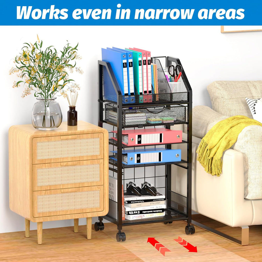 5 Tier Rolling File Cart with Drawer, Metal Office File Cart Organization with Sliding Trays, Teacher Carts with Wheels, Paper Letter Storage Hanging Files Folders for Workspace,Home,School Classroom