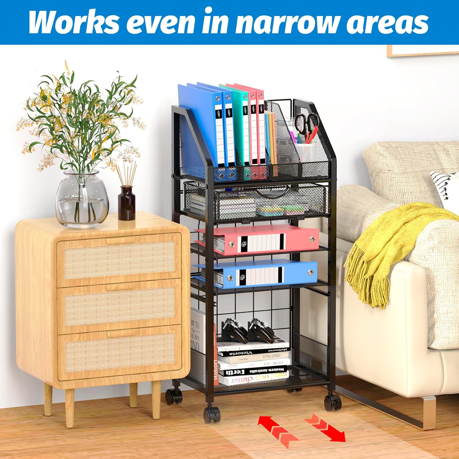5 Tier Rolling File Cart with Drawer, Metal Office File Cart Organization with Sliding Trays, Teacher Carts with Wheels, Paper Letter Storage Hanging Files Folders for Workspace,Home,School Classroom