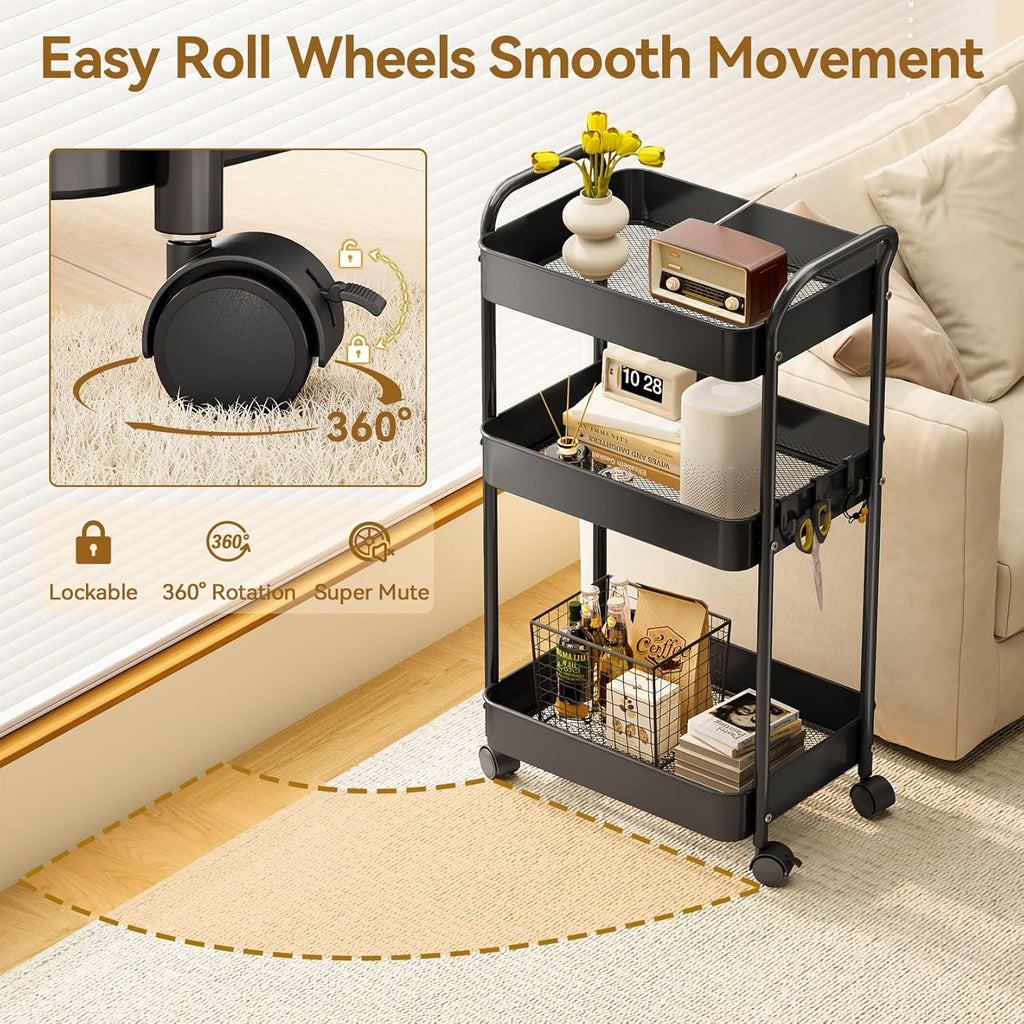 YASONIC 3-Tier Metal Rolling Cart, Sturdy Storage Utility Carts with Wheels, Multifunction Craft Art Organizer for Bedroom, Laundry, Garage, Office, Nursery, Bathroom, Easy Assembly (Black)