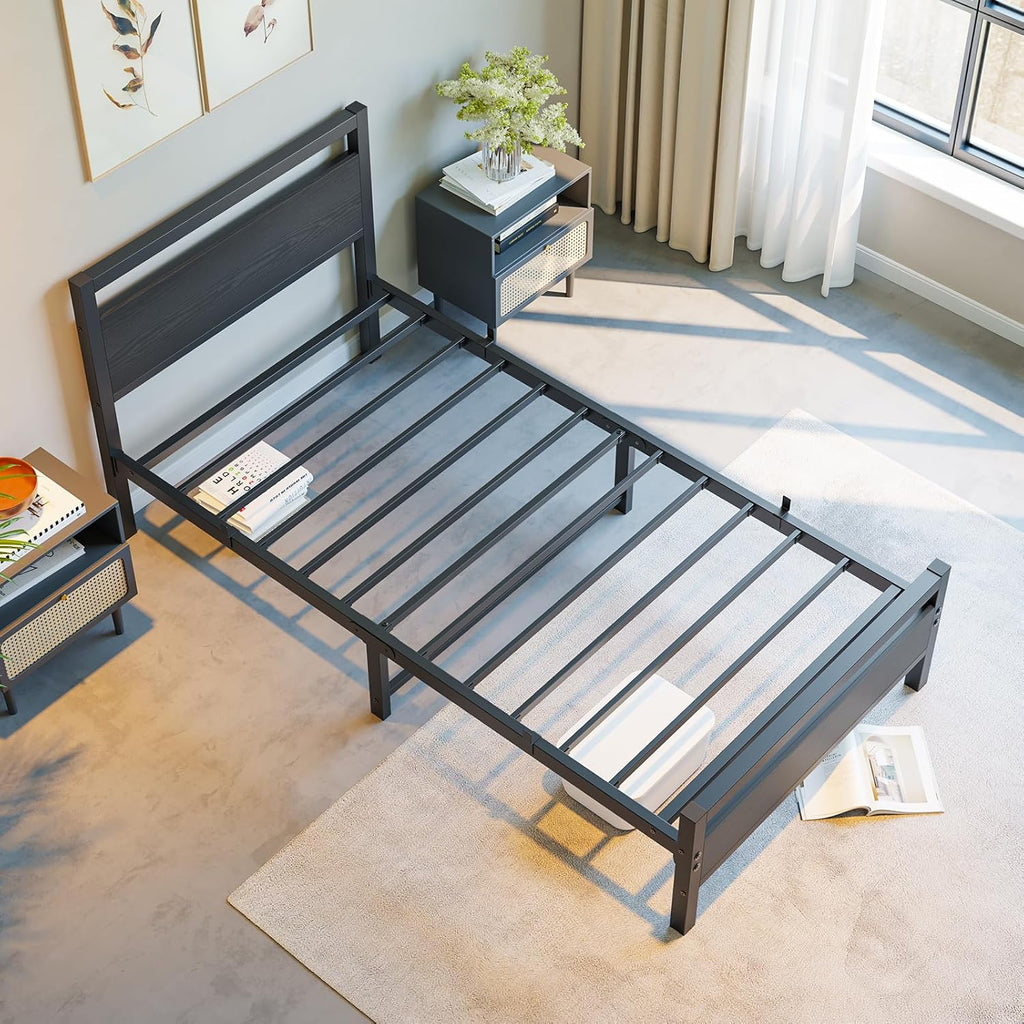 BOFENG Black Twin Bed Frame with Wood Headboard,Metal Single Platform Bed Frame Twin Size No Box Spring Needed,Heavy Duty Metal Slats Support,Noise Free,Single Bed Base,Easy Assembly
