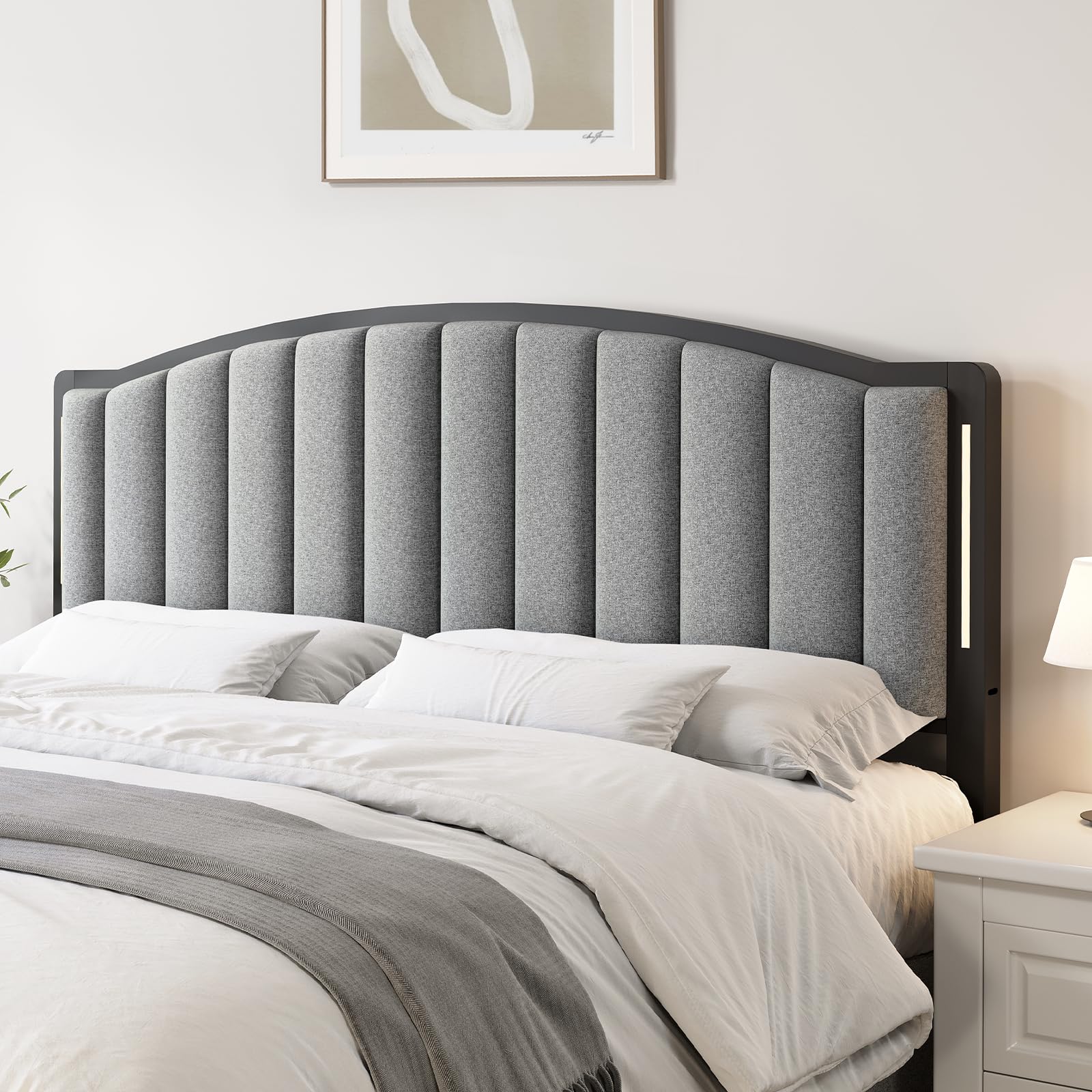 Headboard for Queen Size Bed with LED Lights, Upholstered Vertical Channel Tufting Head Boards, Velvet Headboard Only, Attach Frame, Ideal for Bedroom, Dorm, Guest Room, Green
