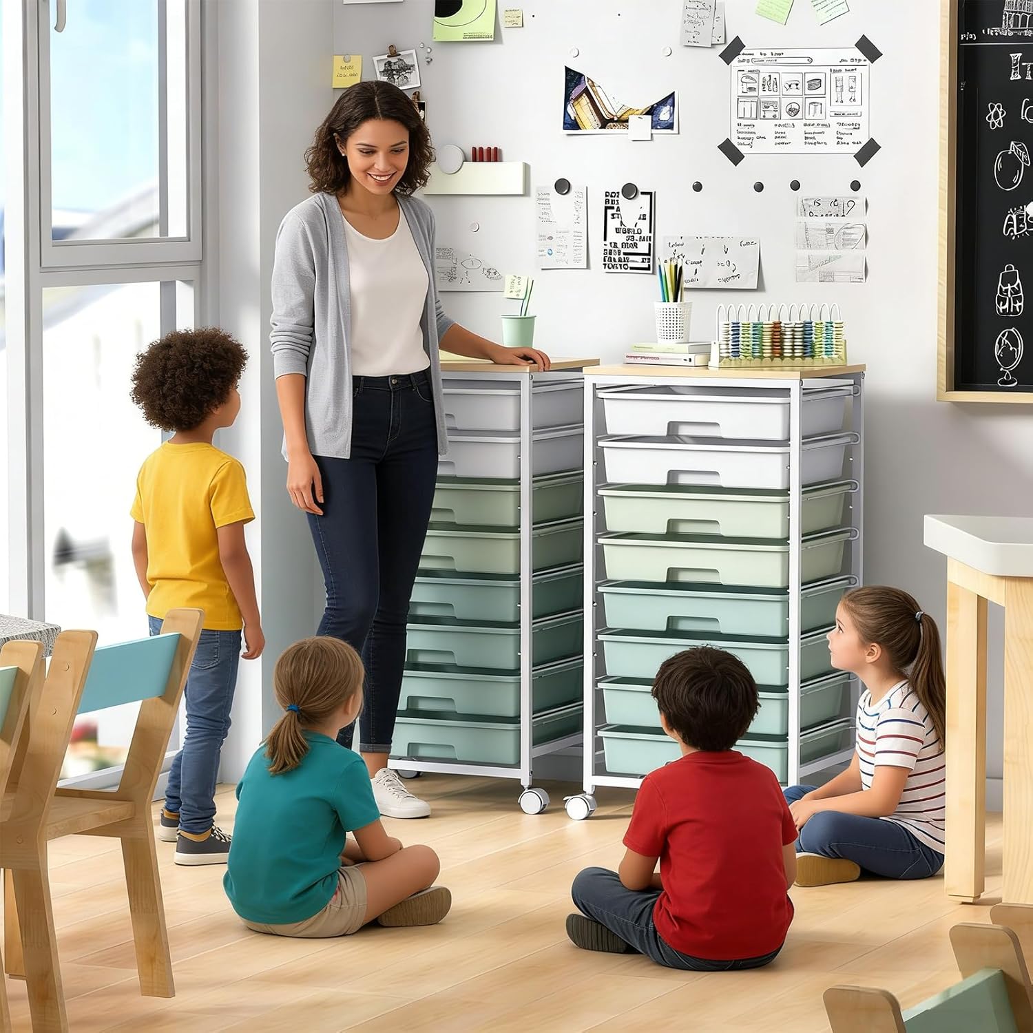 Green Rolling Utility Storage Cart with 8 Drawers & Wooden Tabletop, Multi-scene Organizer for Home Office Craft Dorm