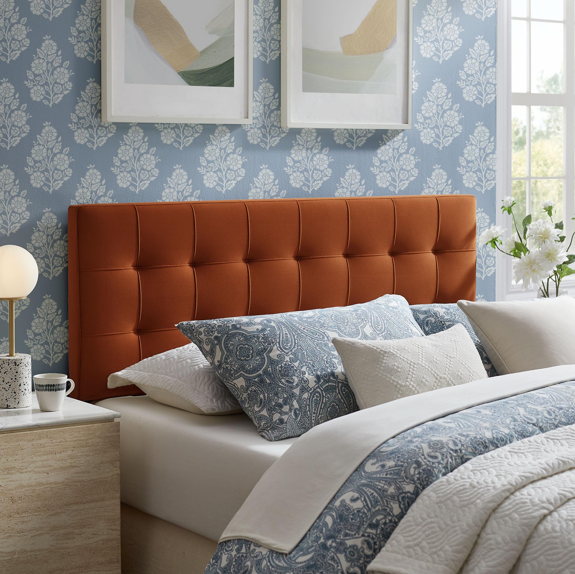 Modway Lily Performance Velvet Queen Size Headboard with Biscuit Tufting in Taupe - Stain-Resistant Upholstery with Padded Design and 5 Height-Adjustable Mounts