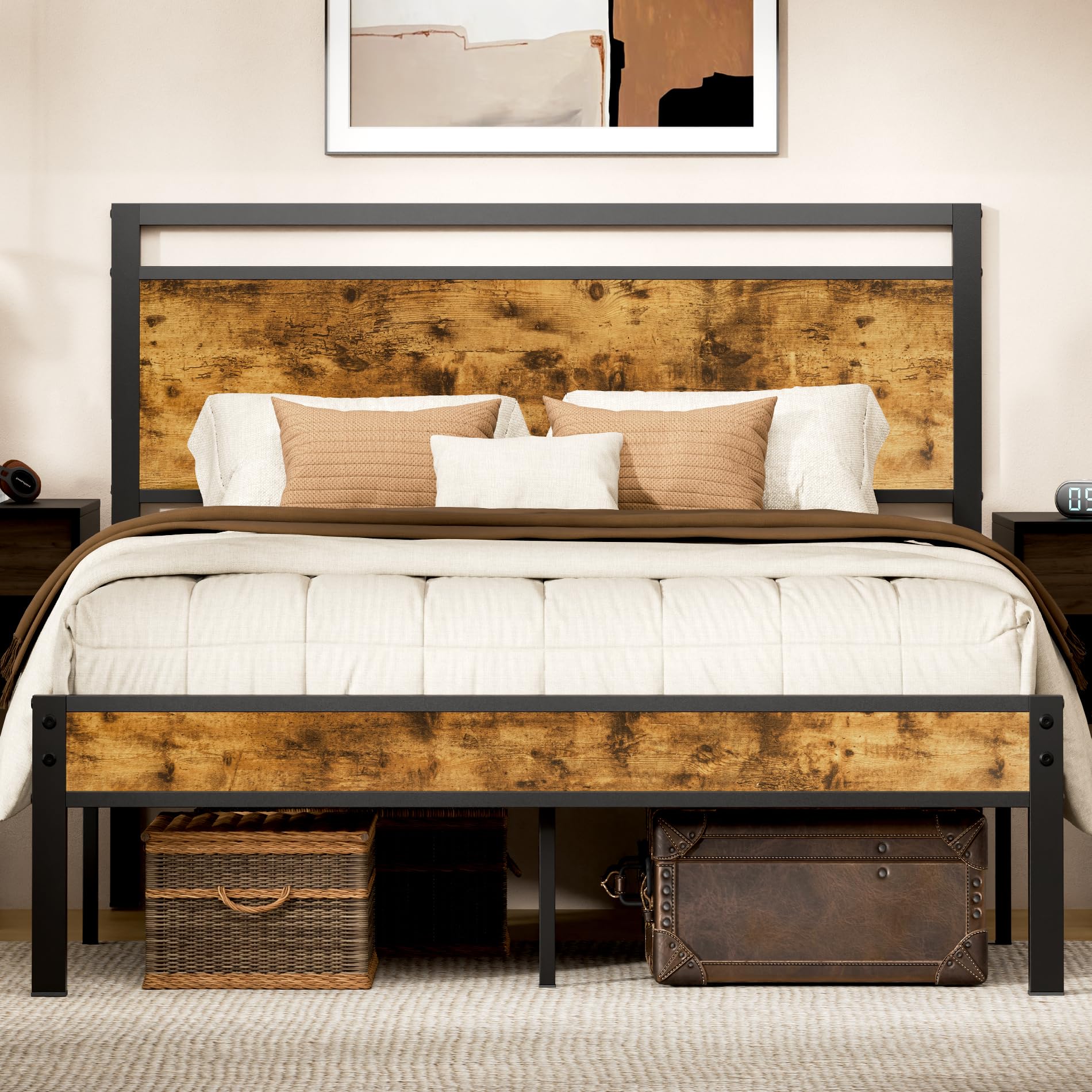 Z-hom Twin Metal Bed Frame with Wooden Headboard and Footboard, Heavy Duty Platform Frame with Mrtal Slats, No Box Spring Needed, Quiet and Non-Slip Design, Saving Space for Small Bedroom,Walnut
