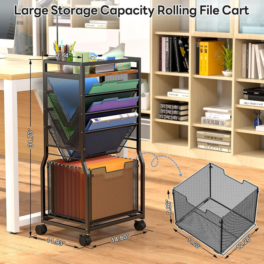 DAOUTIME 8 Tier Rolling File Cart with Hanging File Folder Organizer, Mobile File Organizer with 2 Sides Access Bookcase, Beside/Under Desk Cart with Wheels for Office Home School