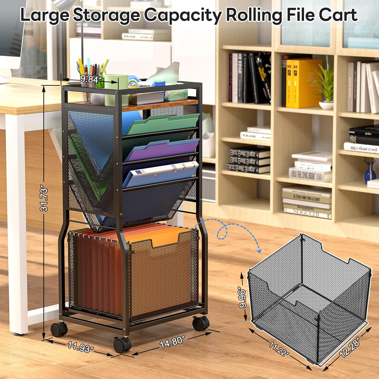 DAOUTIME 8 Tier Rolling File Cart with Hanging File Folder Organizer, Mobile File Organizer with 2 Sides Access Bookcase, Beside/Under Desk Cart with Wheels for Office Home School