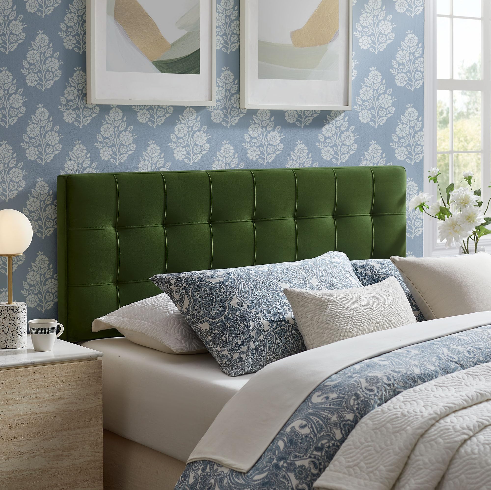Modway Lily Performance Velvet Queen Size Headboard with Biscuit Tufting in Taupe - Stain-Resistant Upholstery with Padded Design and 5 Height-Adjustable Mounts