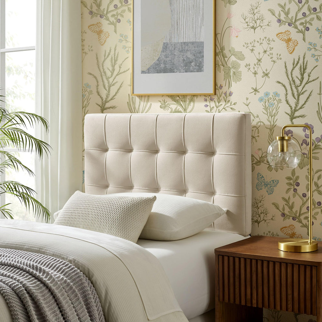 Modway Lily Performance Velvet Queen Size Headboard with Biscuit Tufting in Taupe - Stain-Resistant Upholstery with Padded Design and 5 Height-Adjustable Mounts