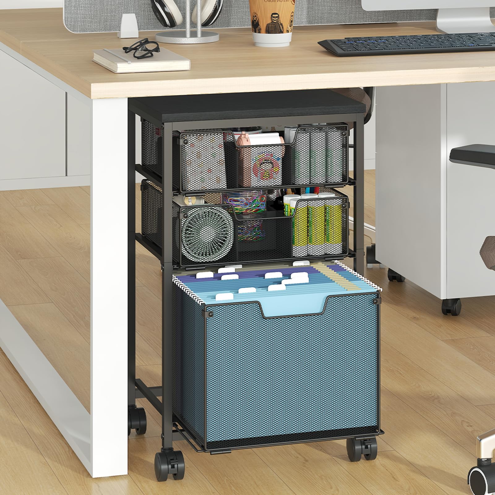 Sbanmao 3 Drawer Mobile File Cabinet for Home Office, Rolling Filing Cabinet on Lockable Wheels, Hanging File Folders Organizer, Utility Cart Storage and Organizer, Printer Stand, Black
