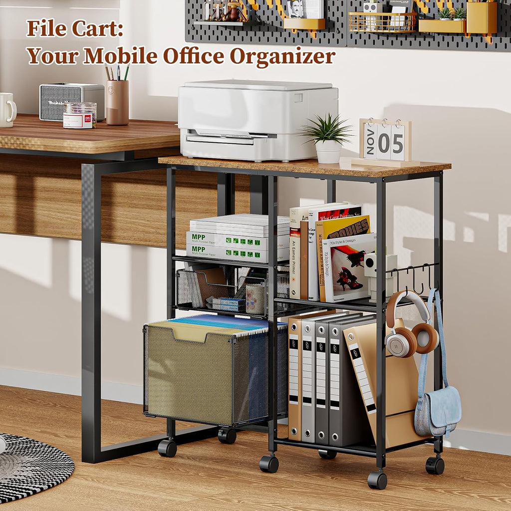 Tiaoheka Rolling File Cart with Wheels,Lateral File Cabinet with 2pcs Drawers,Rolling Printer Stand Cart with Open Storage Shelf,Hanging Filing Cabinet Organizer Cart Fits Letter Size for Home Office