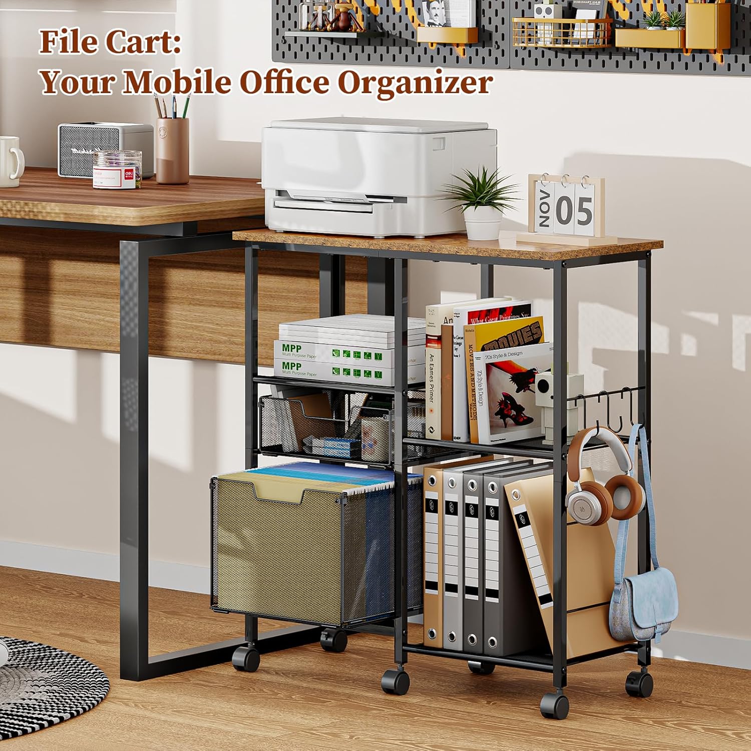 Tiaoheka Rolling File Cart with Wheels,Lateral File Cabinet with 2pcs Drawers,Rolling Printer Stand Cart with Open Storage Shelf,Hanging Filing Cabinet Organizer Cart Fits Letter Size for Home Office
