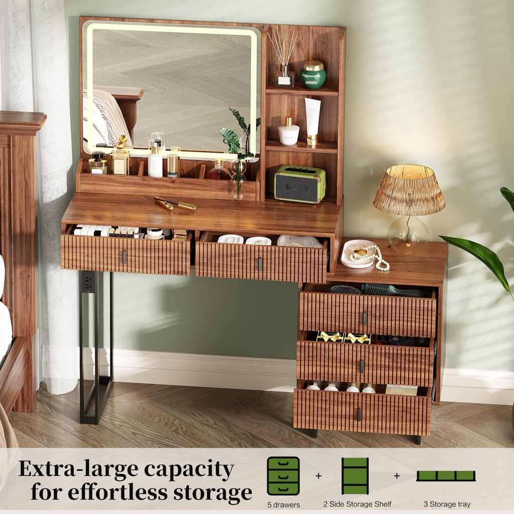 Large Vanity Desk with 3 Color Touch Screen Dimming Mirror, Vanity Desk with Charging Station, Modern Retractable Makeup Dressing Table, Makeup Table With storage shelves and 5 Sliding Drawers, Brown