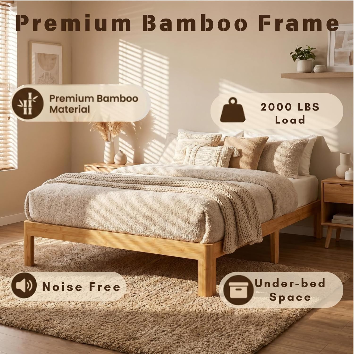 Askeld 12 Inch Wood Twin Bed Frame, Bamboo Heavy Duty Platform Twin Size Bed Frame No Box Spring Needed, Non Slip, Easy Assembly, Noise-Free