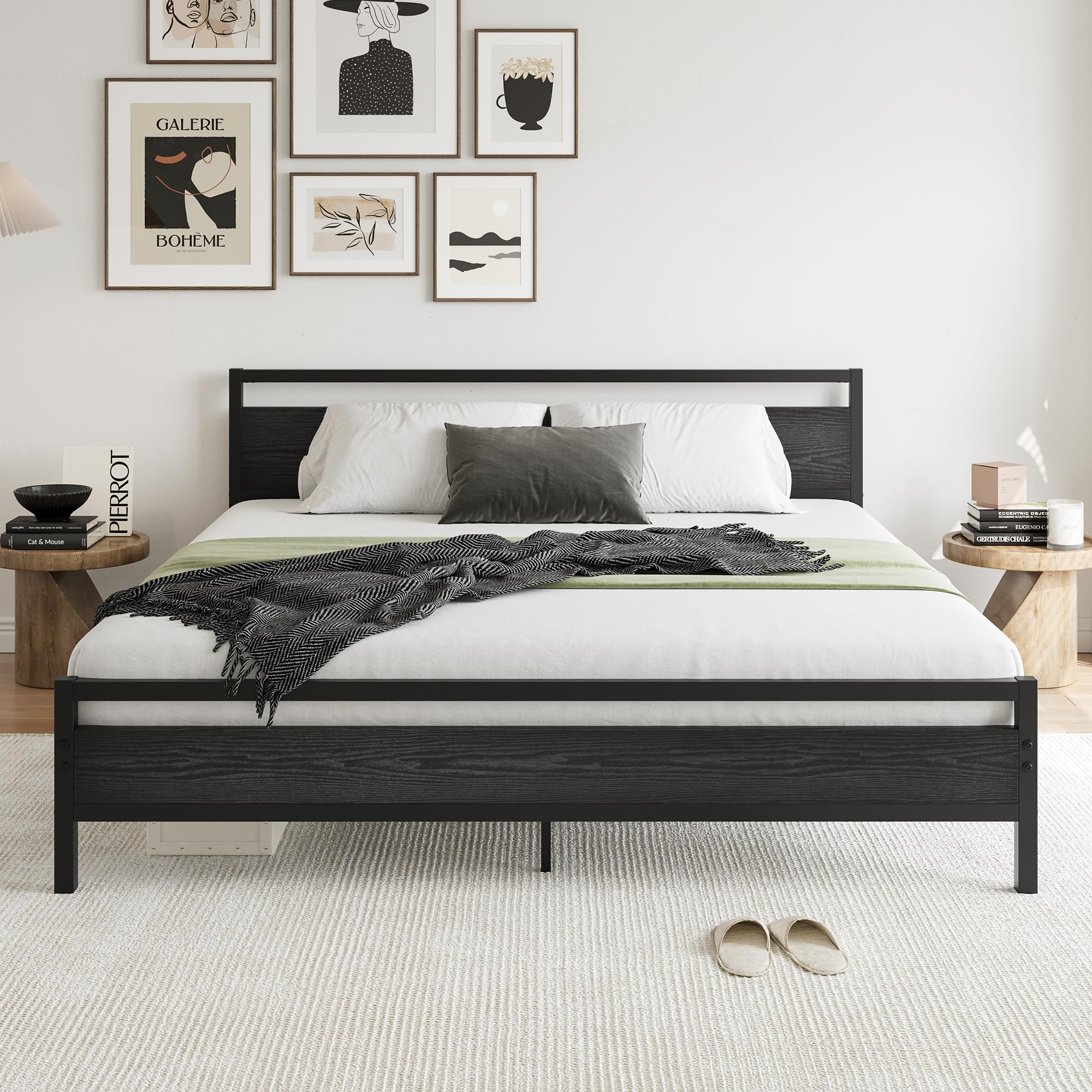 BOFENG Black Twin Bed Frame with Wood Headboard,Metal Single Platform Bed Frame Twin Size No Box Spring Needed,Heavy Duty Metal Slats Support,Noise Free,Single Bed Base,Easy Assembly