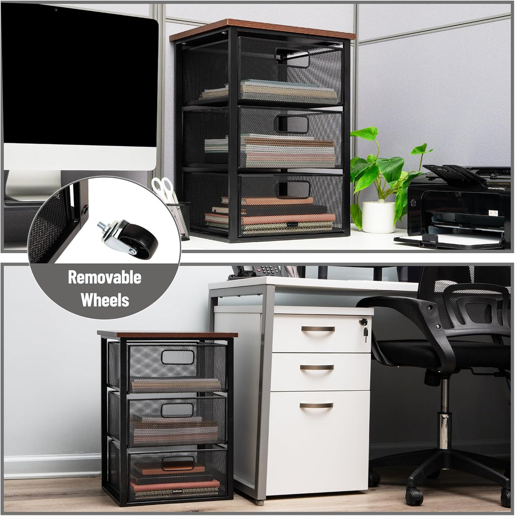 Mind Reader 3 Drawer Storage Organizer with Wood Top, Rolling Office Organizer Cabinet with Wheels, Office, Metal Mesh, Black