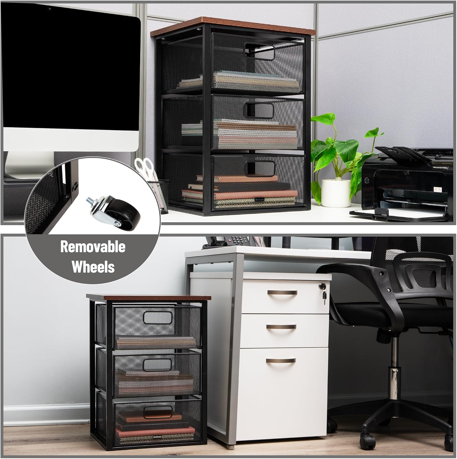 Mind Reader 3 Drawer Storage Organizer with Wood Top, Rolling Office Organizer Cabinet with Wheels, Office, Metal Mesh, Black