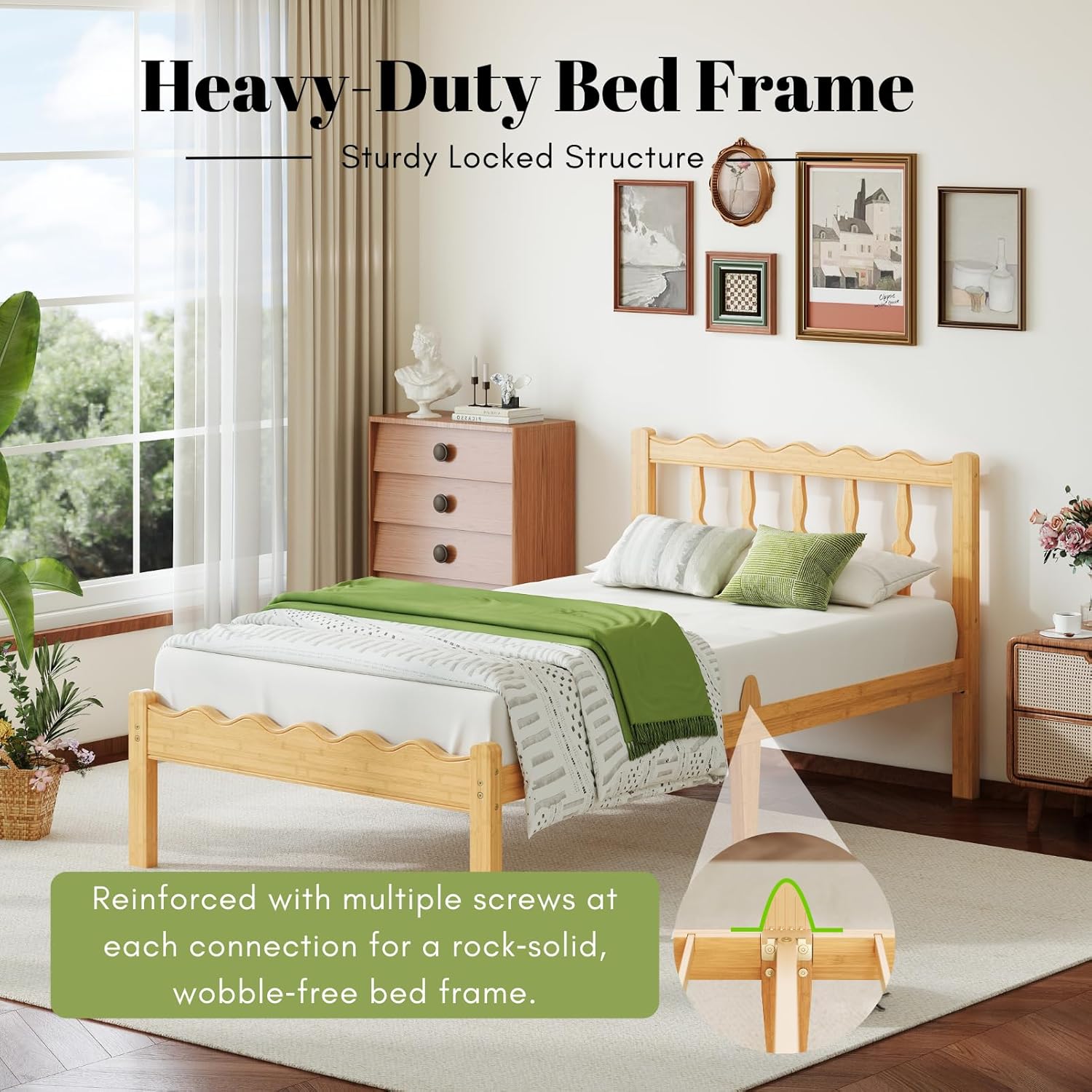 Bamboo Twin Bed Frame with Headboard, 14 inch Solid Wood Platform Bed Frames Twin Size with Metal Slats, No Box Spring Needed, Easy Assembly, Noise Free