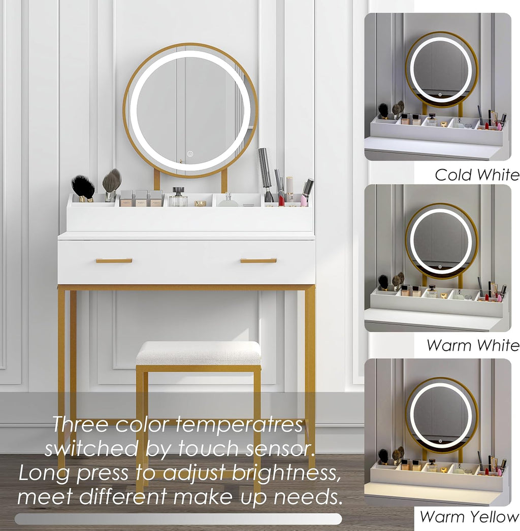 UTEX Makeup Vanity Desk with Mirror and Lights, Makeup Vanity Set with Drawers, Small Dressing Up Table, 3 Lighting Modes Dresser Desk and Cushioned Stool Set for Bedroom White and Gold