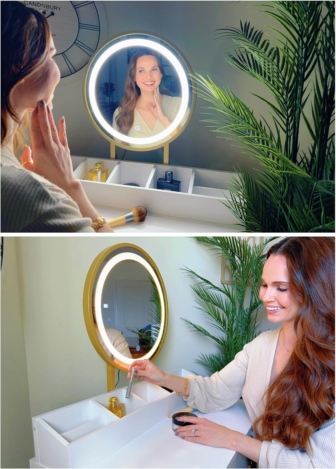 UTEX Makeup Vanity Desk with Mirror and Lights, Makeup Vanity Set with Drawers, Small Dressing Up Table, 3 Lighting Modes Dresser Desk and Cushioned Stool Set for Bedroom White and Gold