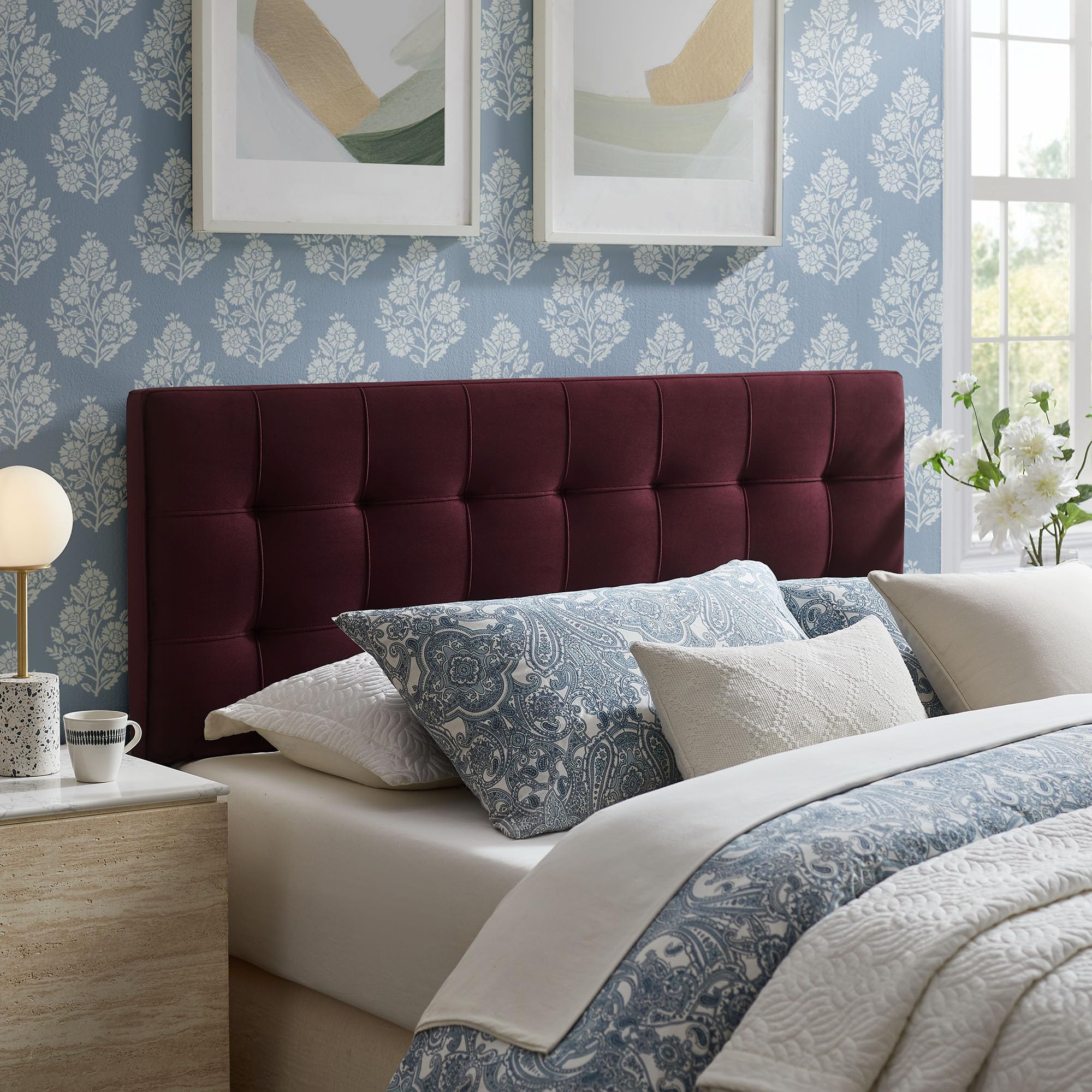 Modway Lily Performance Velvet Queen Size Headboard with Biscuit Tufting in Taupe - Stain-Resistant Upholstery with Padded Design and 5 Height-Adjustable Mounts