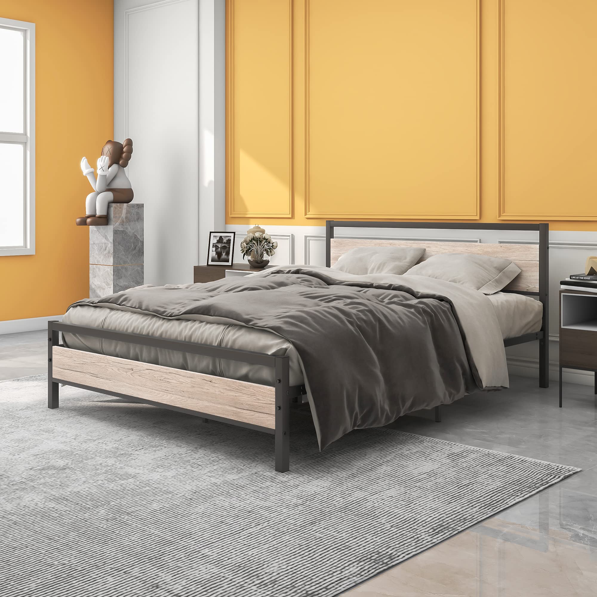 BOFENG Black Twin Bed Frame with Wood Headboard,Metal Single Platform Bed Frame Twin Size No Box Spring Needed,Heavy Duty Metal Slats Support,Noise Free,Single Bed Base,Easy Assembly